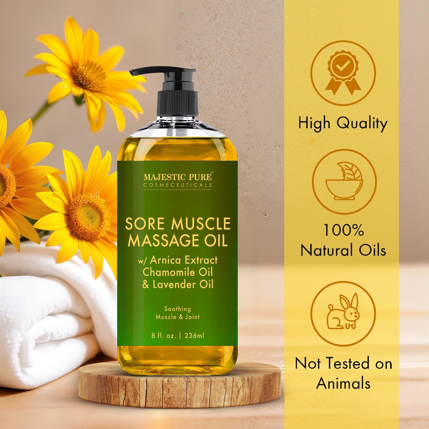 MAJESTIC PURE Aceite de masaje muscular de árnica para el cuerpo, el mejor aceite de terapia natural con aceites esenciales de lavanda y manzanilla, calentamiento, relajación, masajea las articulaciones y los músculos, 8 onzas, juego de 2