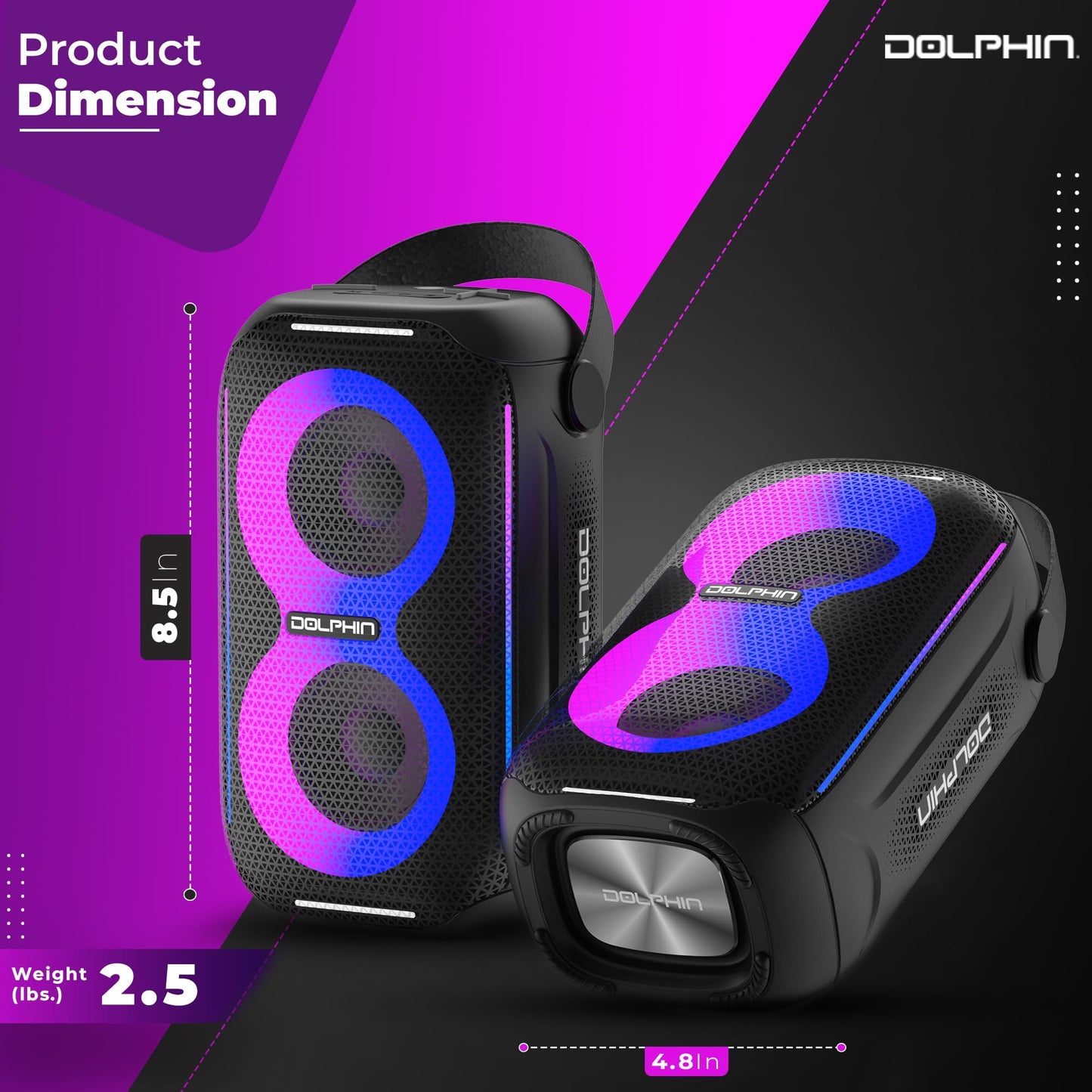 Dolphin New! Altavoz portátil impermeable para fiesta S20: diseño compacto, espectáculo de luz HD, ideal para playa, piscina, ducha, camping, todas las aventuras al aire última intervensión (negro)