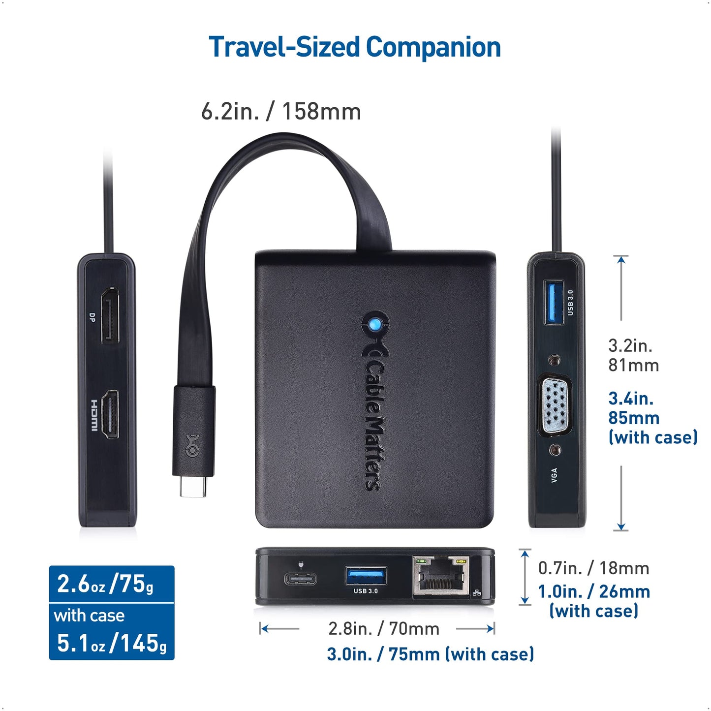 Cable Matters Hub USB C 7 en 1 con visualización triple (HDMI, DisplayPort, VGA), 2 USB 3.0, Gigabit Ethernet, carga de 100 W, Thunderbolt 4/USB 4/USB4 compatible con MacBook Pro, Dell XPS, Surface