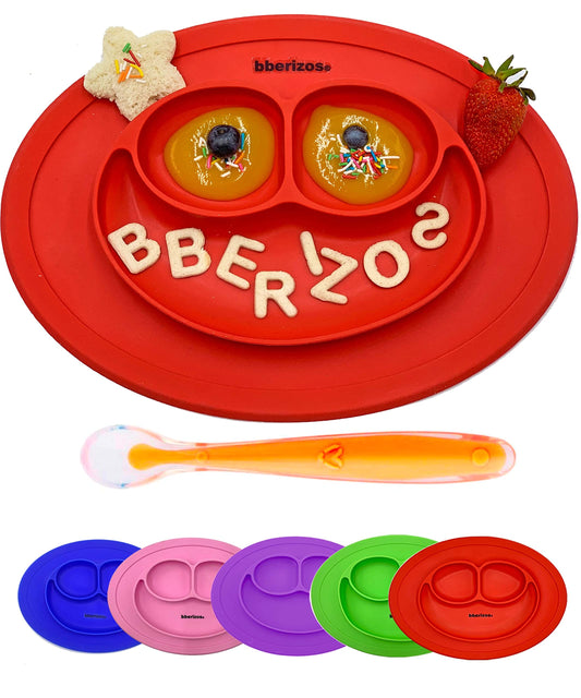 Bberizos| Platos para Bebes Cuchara de Silicona para Bebe Plato con Divisiones Set de Alimentación Niño Niña Snacks Papillas Libre de BPA PVC (Rojo)