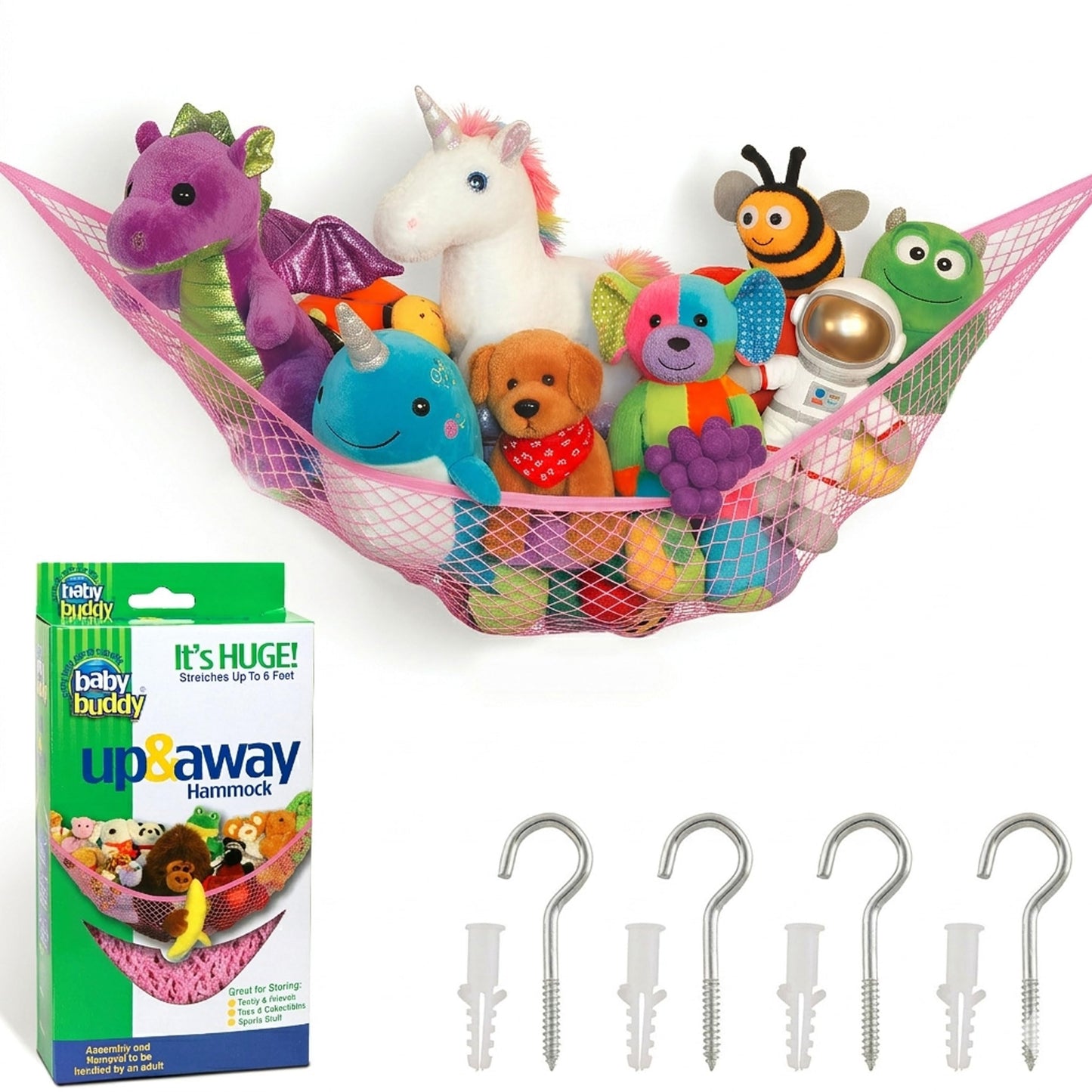 Baby Buddy Up & Away Kids Stuffed Animal Toy Hammock Storage Organizer, Organize Kids Toys & Gear, 1 Pack, Pink