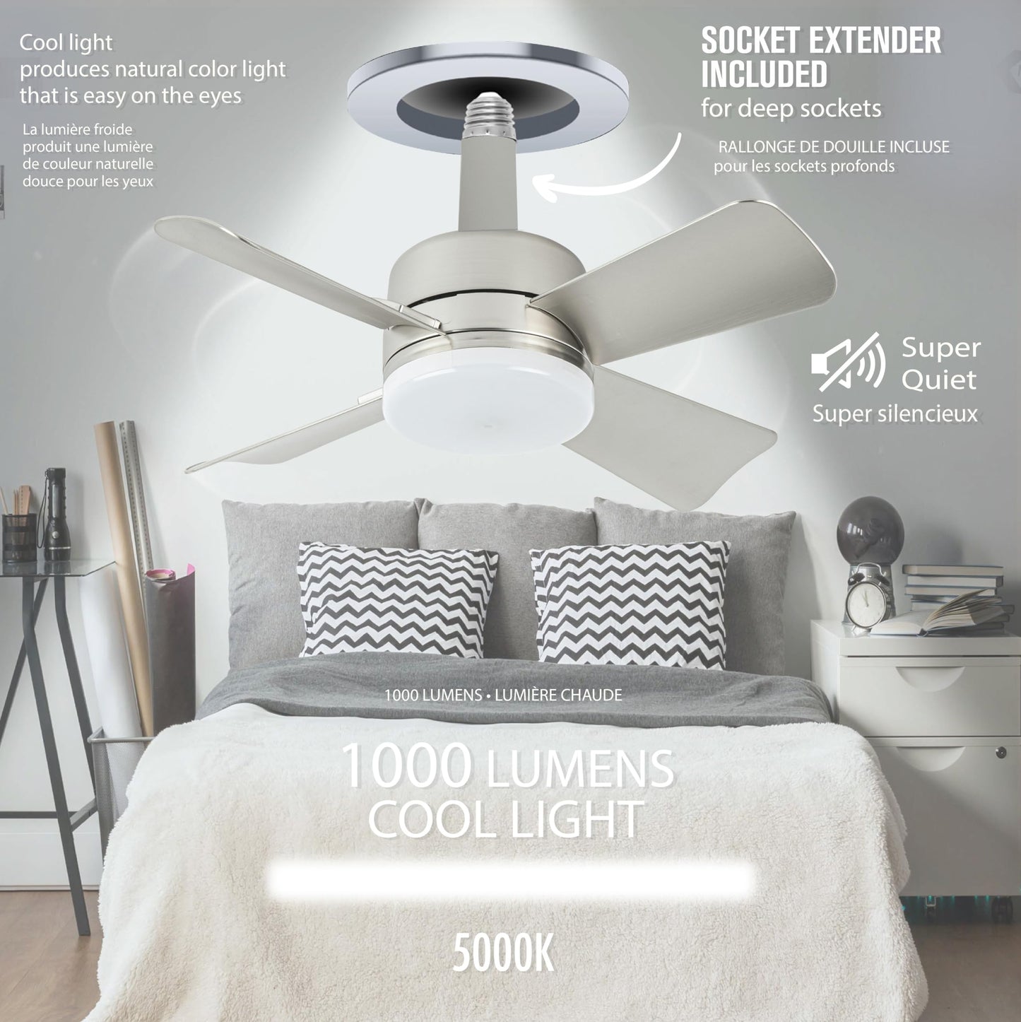 Bell+Howell Socket Breeze Cool Light Deluxe Silver - Ventiladores de techo con luces LED y control remoto, repuesto para foco - recámara, cocina, sala de estar, 1000 lúmenes / 5000 Kelvins