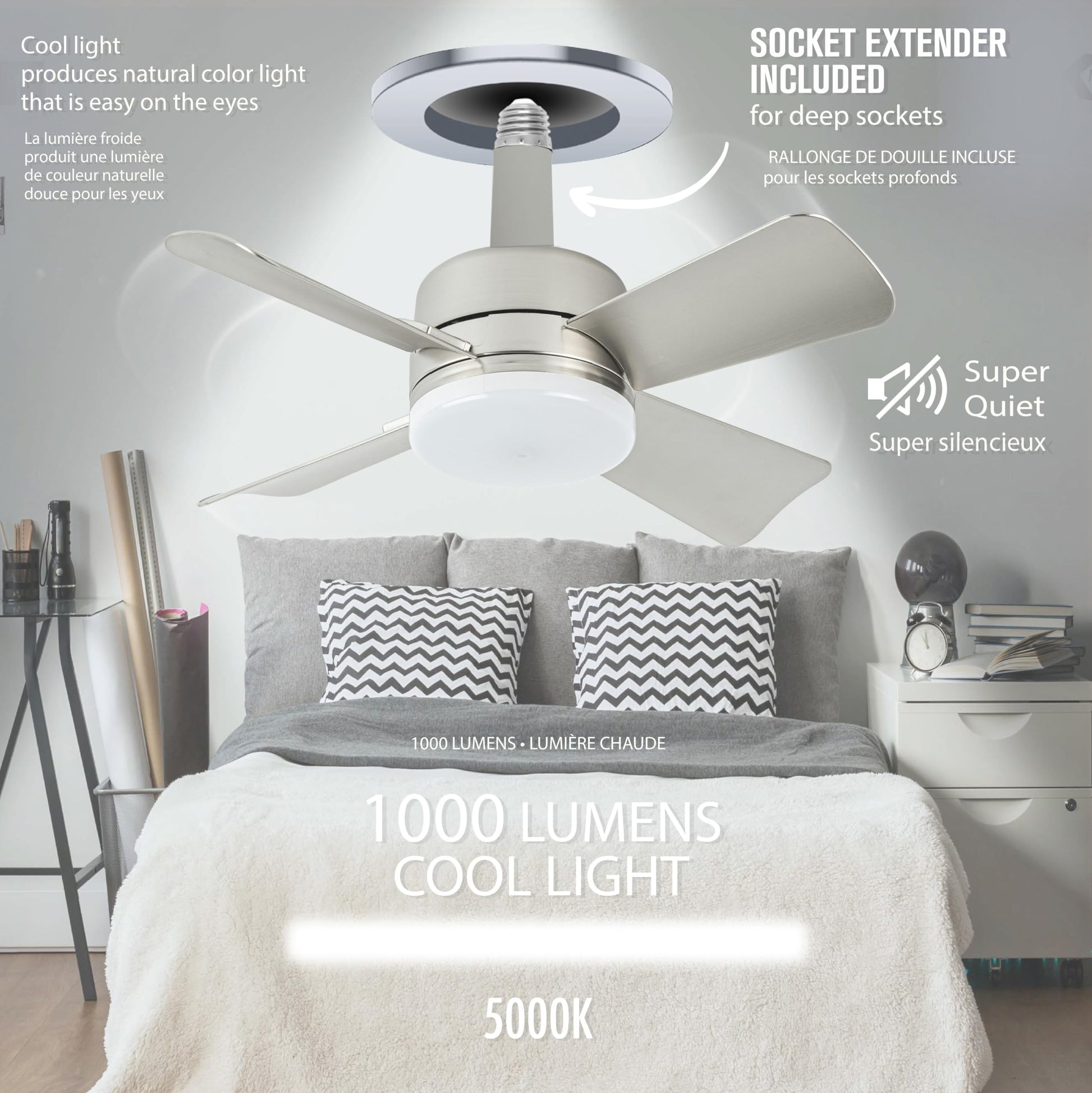 Bell+Howell Socket Breeze Cool Light Deluxe Silver - Ventiladores de techo con luces LED y control remoto, repuesto para foco - recámara, cocina, sala de estar, 1000 lúmenes / 5000 Kelvins