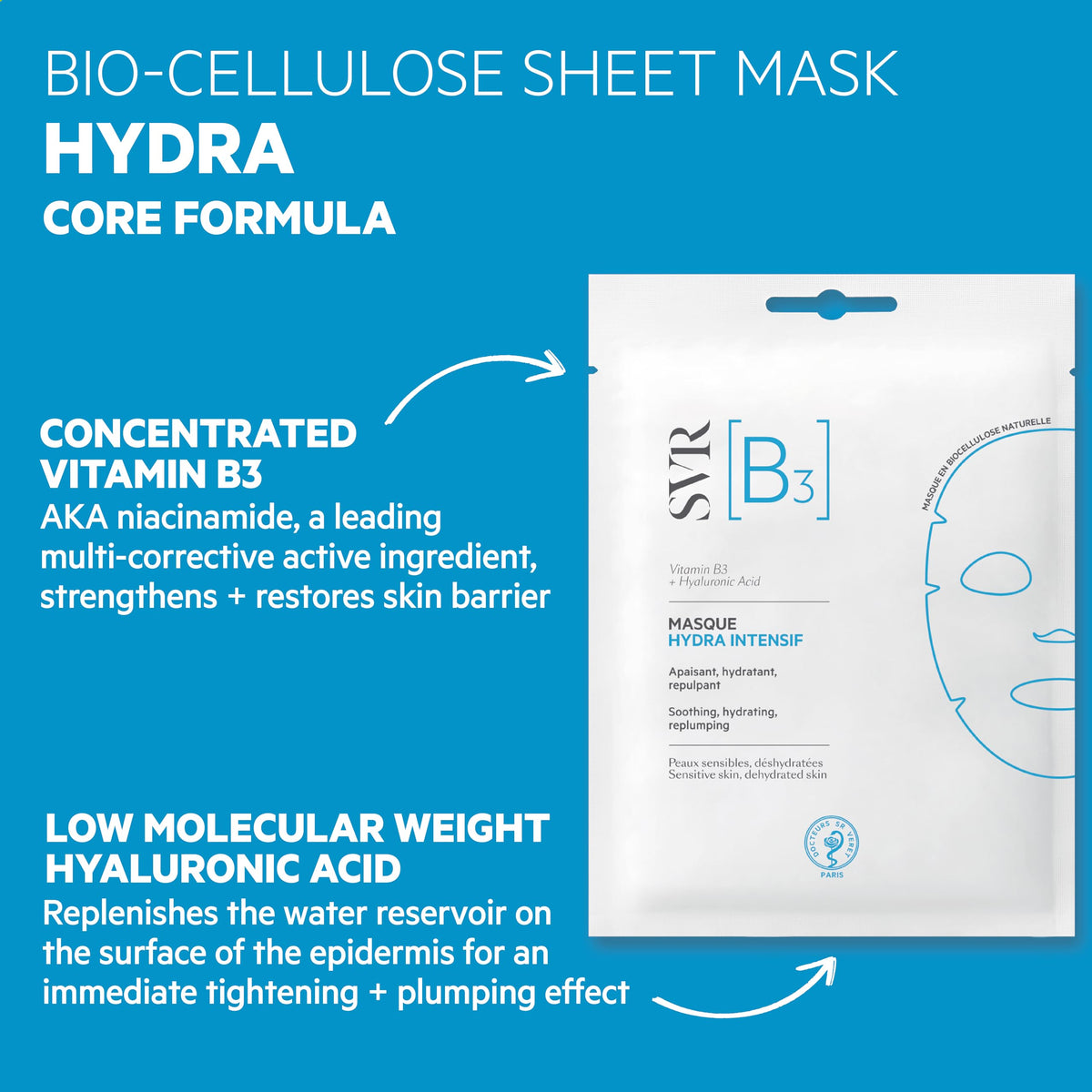 SVR [B3] Mascarilla Facial de Biocelulosa con Vitamina B3 y Ácido Hialurónico | Hidratación Intensa, Efecto Rellenador y Anti-Edad | Piel Sensible | 1 Pieza 12 ml