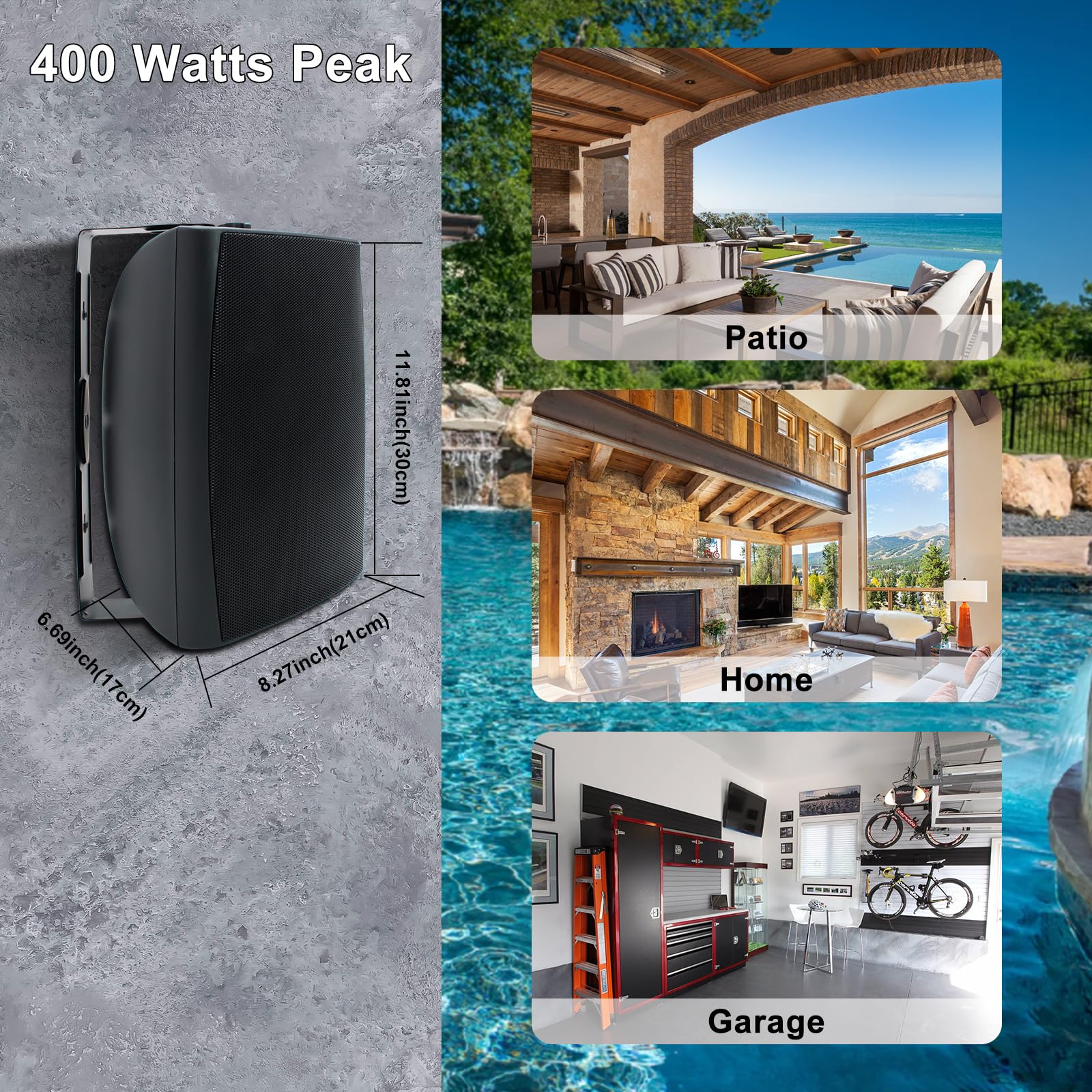Herdio 6,5 Pulgadas Bluetooth Bocinas para Exterior, 400W Altavoces para Exteriores, Impermeable, Amplia Cobertura De Sonido Estéreo, para Patio, Terraza, Patio Trasero (Negro)