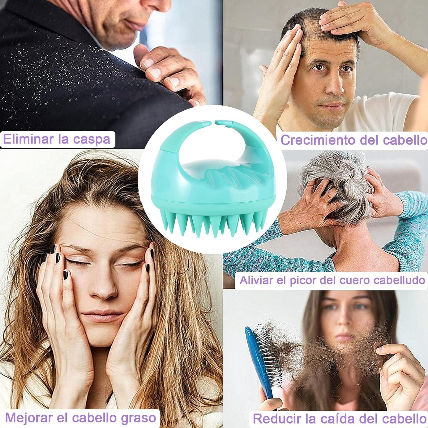 Masajeador de Cuero Cabelludo VERALY.MX Negro con Cerdas de Silicona para Crecimiento del Cabello y Eliminación de Caspa en Seco y Húmedo