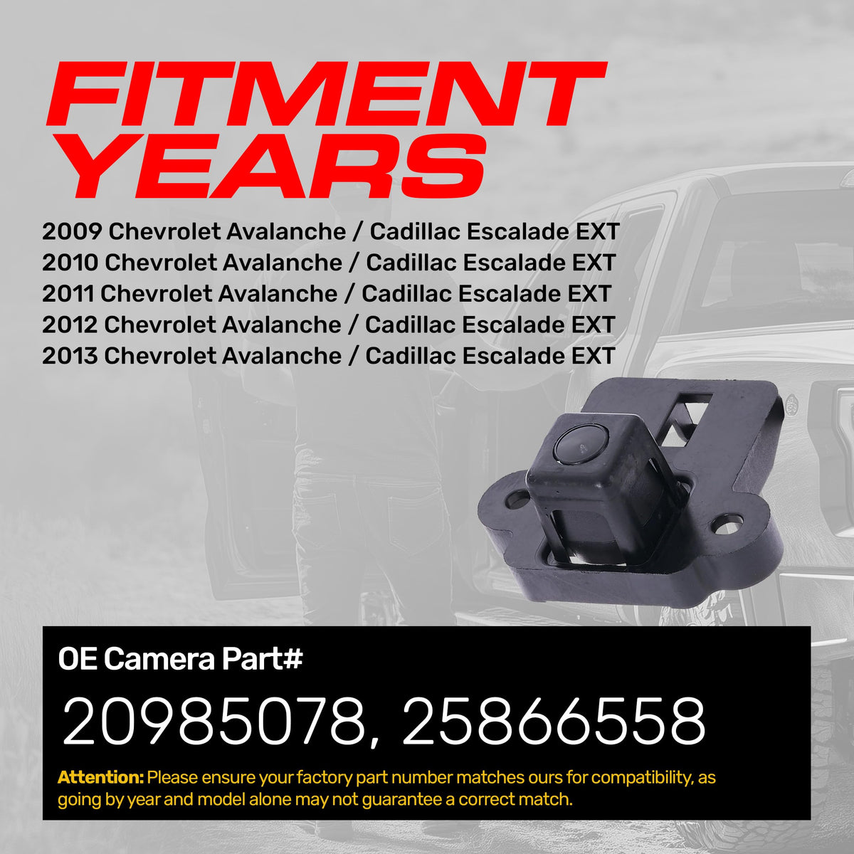 Cámara de Respaldo Master Tailgaters Chevrolet Avalanche Cadillac Escalade EXT 2009-2013 Repuesto 20985078