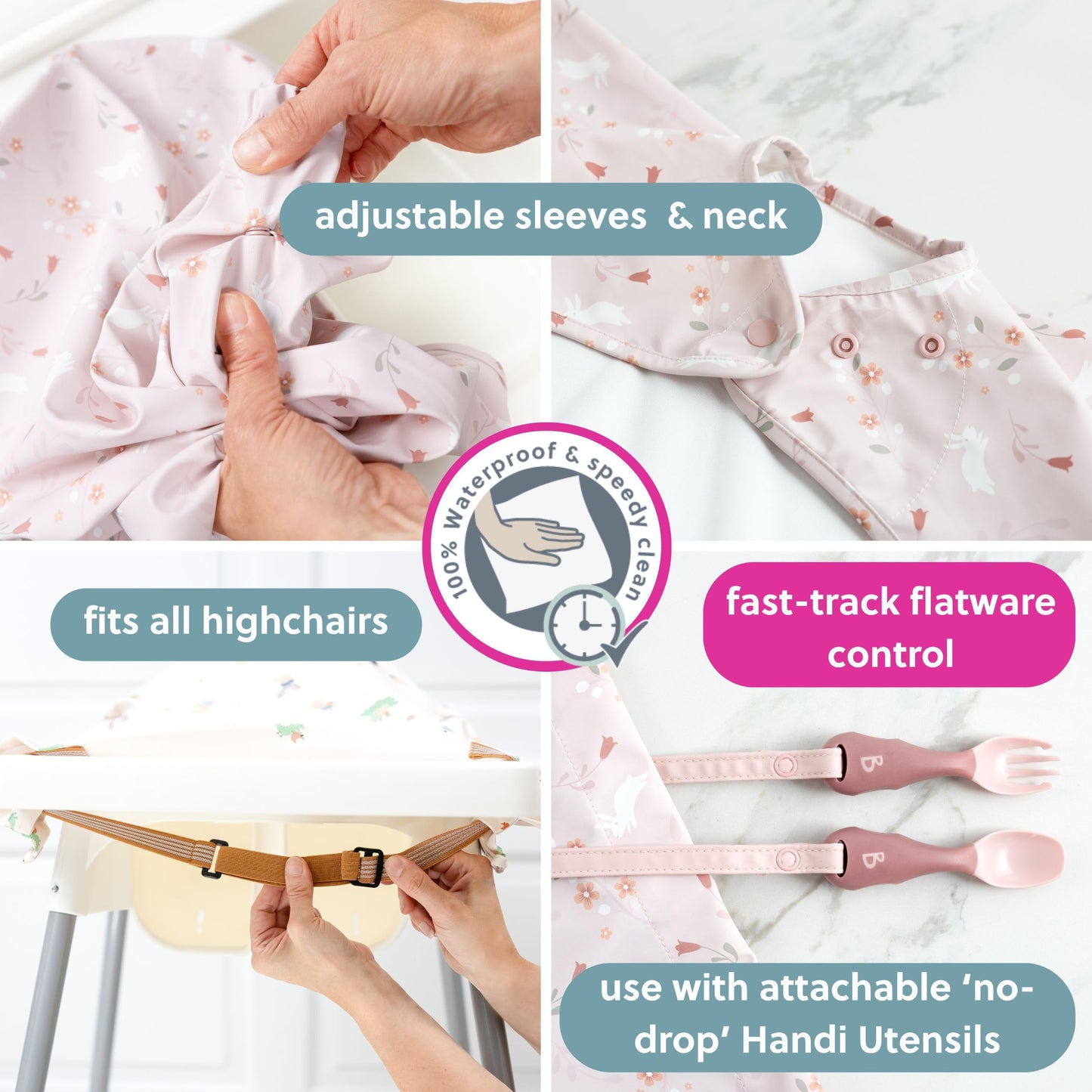 Bibado Baberos para bebé con mangas – Babero de destete LED para niños pequeños y bebés, 6-36 meses, se fija a sillas altas, cochecitos, mesas, Conejitos botánicos, One Size