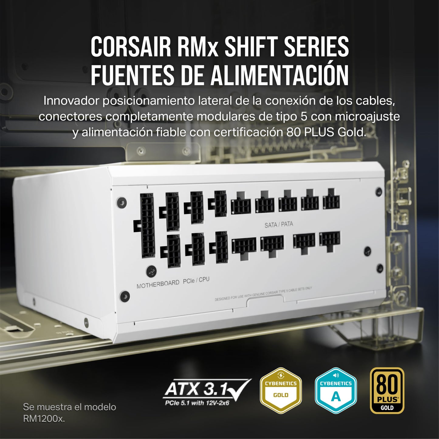 CORSAIR RM1000x Shift Fuente de Alimentación ATX Totalmente Modular - Interfaz Lateral Modular - Compatible con ATX 3.0 y PCIe 5.0 - Modo Ventilador a Cero RPM - Eficiencia 80 Plus Gold - Blanco