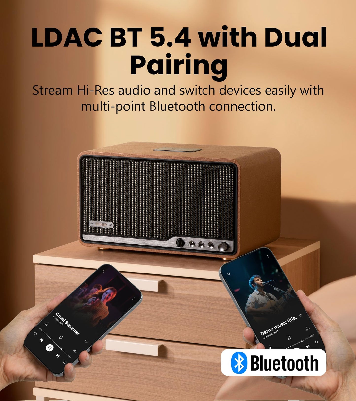 Edifier S300 Altavoz Retro de Mesa, Audio Hi-Res con Cable y Inalámbrico, Potencia 80W (RMS), Bluetooth 5.4 Multipunto, WiFi Multihabitación (AirPlay 2), Entradas AUX y USB-C, Marrón
