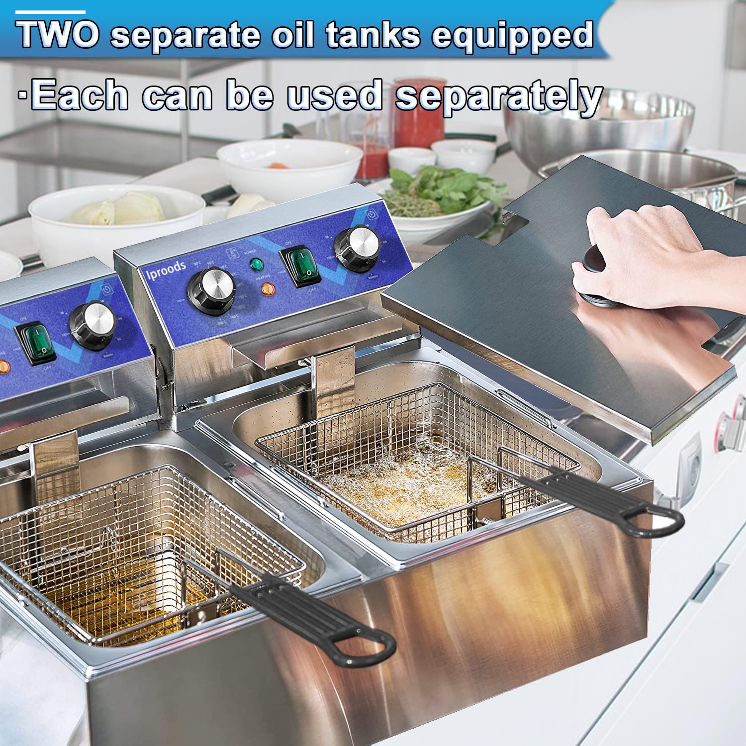 Iproods Freidora eléctrica con cesta y tapa, máquina de freír de acero inoxidable para cocina comercial y doméstica, con temperatura y tiempo ajustable, 110 V (10.5 QT*2)