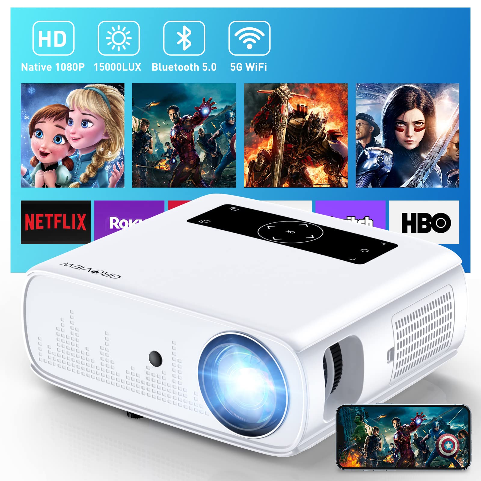 Proyector Groview Blanco FHD 15000lux con WiFi y Bluetooth para Cine en Casa 300'' Soporte 4K para iOS y Android