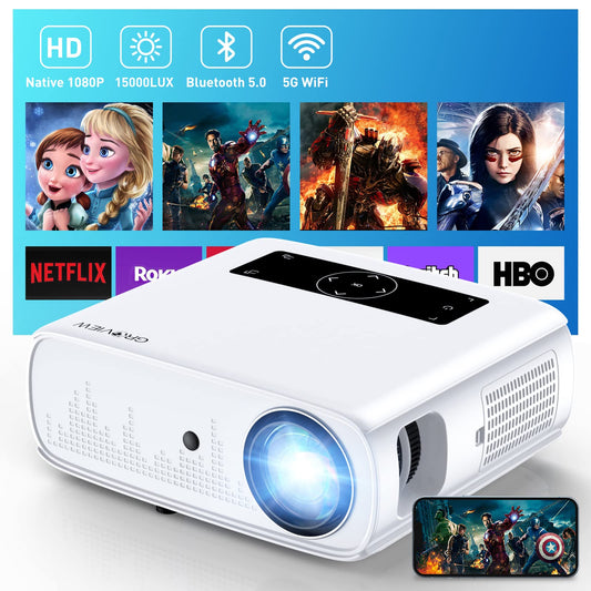 Proyector Groview Blanco FHD 15000lux con WiFi y Bluetooth para Cine en Casa 300'' Soporte 4K para iOS y Android