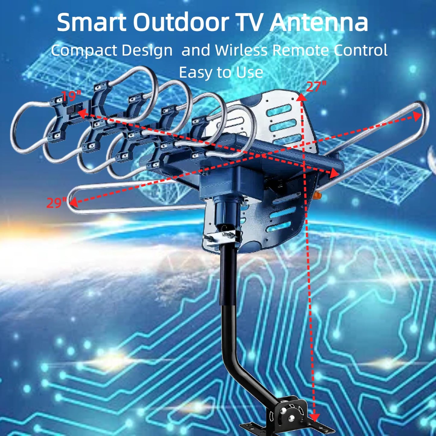 Antena de TV para exteriores con poste de montaje y cable coaxial RG6 de 40 pies, rango de 150 millas, rotación remota inalámbrica, soporte de 2 televisores, rotación de 360°