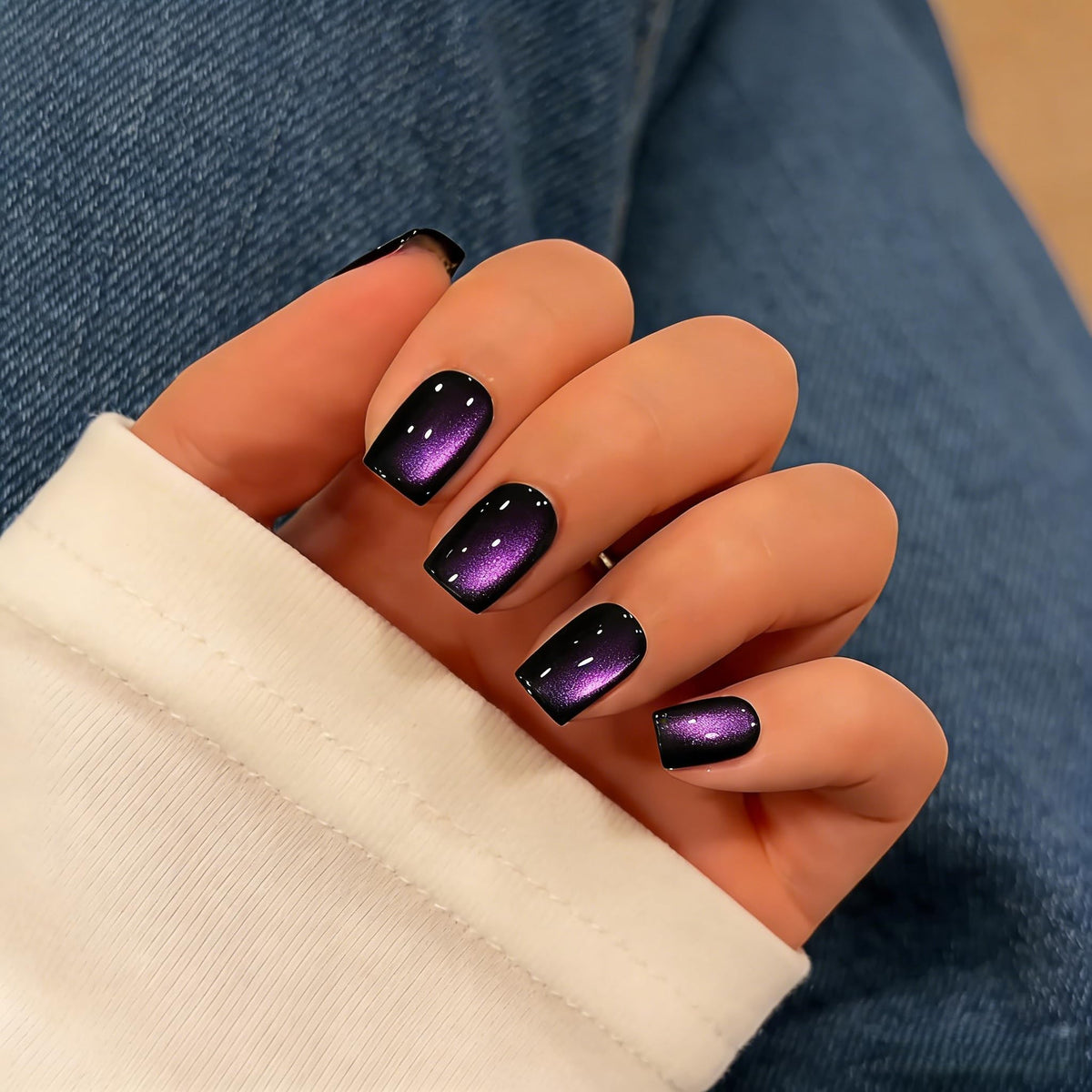SXVME Uñas postizas de ojo de gato cortas, hechas a mano, cuadradas, gruesas, cromadas, negras y moradas, para mujer, para fiestas de cumpleaños, reutilizables, con imán y purpurina, 15 tamaños, 30 un