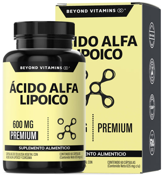 Beyond Vitamins | Ácido Alfa Lipóico (ALA) 600mg por cápsula, potenciado con Cúrcuma | Alpha Lipoic Acid de 1 sóla cápsula al día | 2 meses | Cápsulas Veganas, apto para todas las dietas