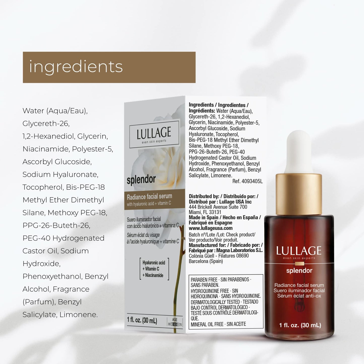 LULLAGE, Splendor, Dropper, Suero Iluminador Facial, Tratamiento Facial Anti-edad, Aclara, Revitaliza, Hidrata, con Ácido Hialurónico, Vitamina C, 30 ml