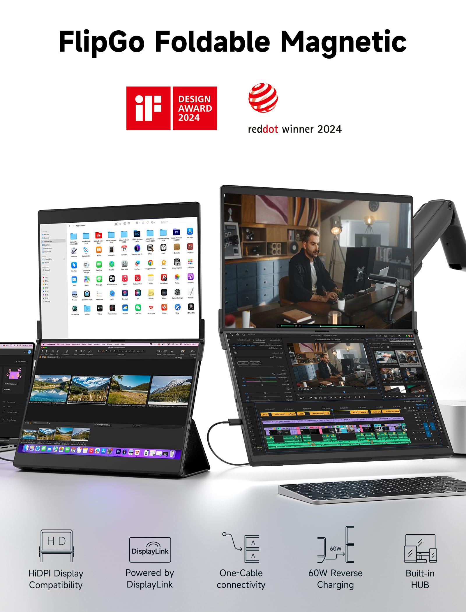 Monitor Portátil JSAUX FlipGo 16" 2.5K IPS Diseño Magnético para Windows, Linux, MacOS