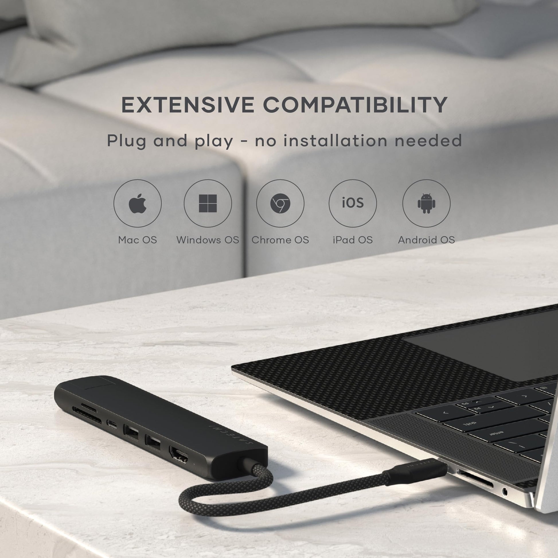 Adaptador USB-C SATECHI Negro 7 en 1 con HDMI 4K, Carga 100W y Lectores de Tarjetas para MacBook iPad iPhone Windows