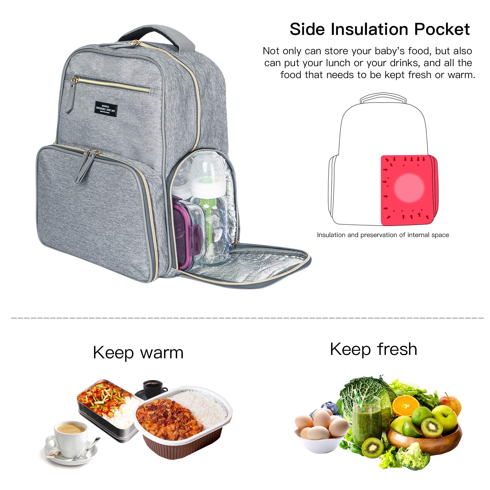 Mochila de extracción de leche para pañales, mochila multifunción para trabajo al aire libre con bolsillo aislante, gris, L