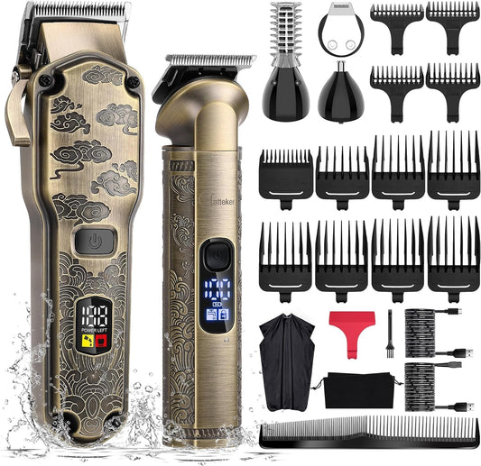 Hatteker Cortapelos Profesional para Hombres Cortabarbas Maquina para cortar cabello Set Impermeable Recortadora con Cuchilla en T Kit de Aseo Inalámbrico Rasuradoras de Nariz Recortadora de Pelo Corporal Cortadora de Peluquería Kit de Corte de Pelo