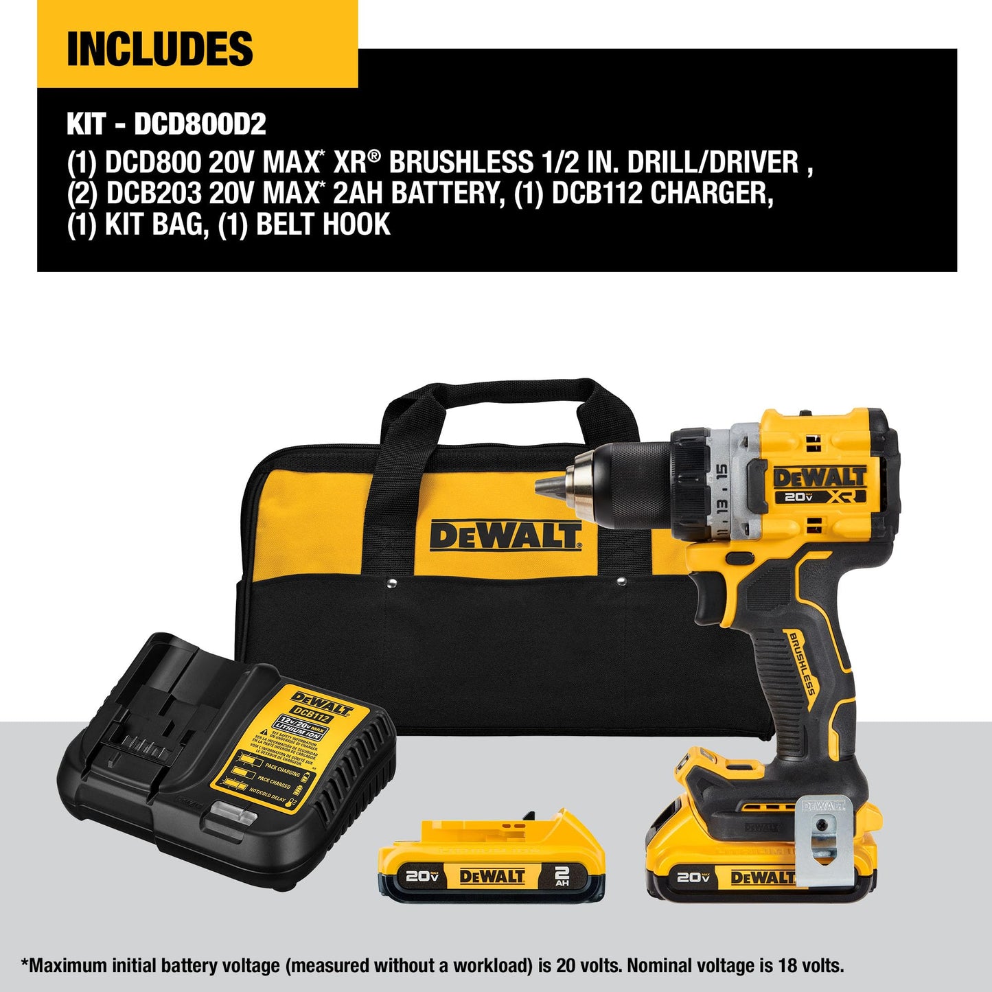 DEWALT 20V MAX* XR® - Kit de taladro/destornillador inalámbrico sin escobillas (DCD800D2), amarillo