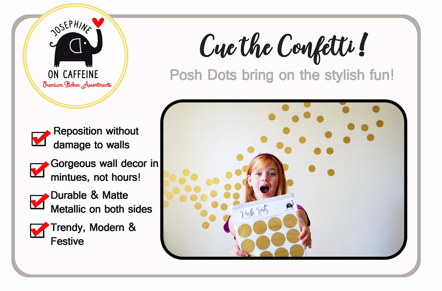 Posh Dots - Calcomanías de pared metálicas doradas para decoración festiva del bebé, guardería, habitación de los niños, linda y divertida (200 calcomanías) vinilo extraíble redondo de lunares, seguro