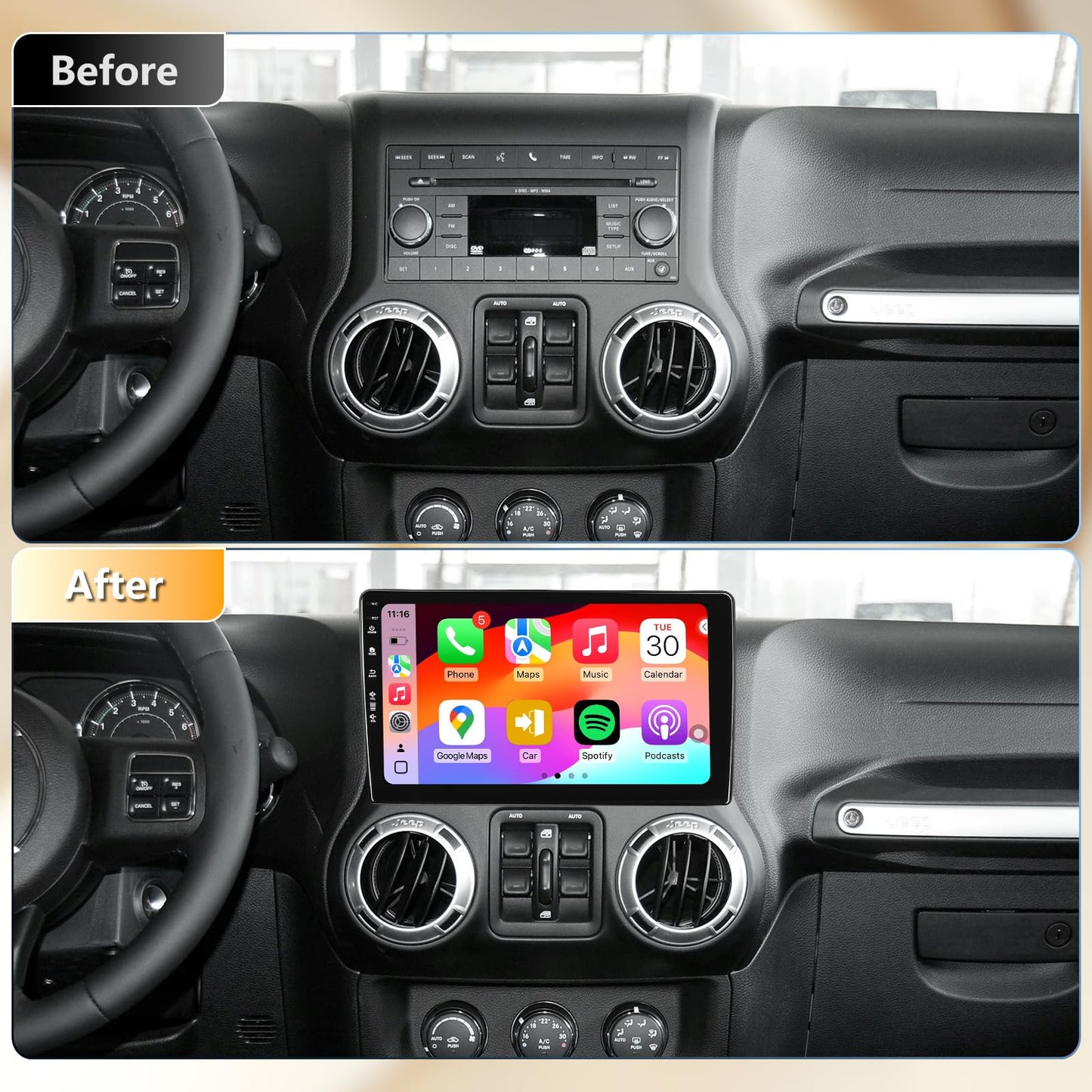 SailingTravel Radio estéreo para Coche para Jeep Wrangler JK 2007-2018 Dodge Ram 2009-2012, Android 13/Pantalla táctil IPS QLED de 10 Pulgadas/Carplay inalámbrico/Android Auto/Bluetooth/
