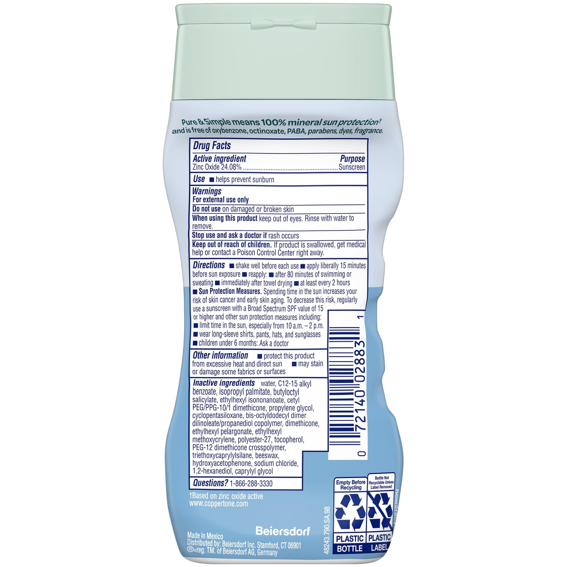 Coppertone Pure & Simple SPF 50 Sunscreen Lotion, Water Resistant, Hypoallergenic, Dermatologically Tested, Plus 100% Natural Botanicals, Broad Spectrum UVA/UVB Protection, 6 Ounce
