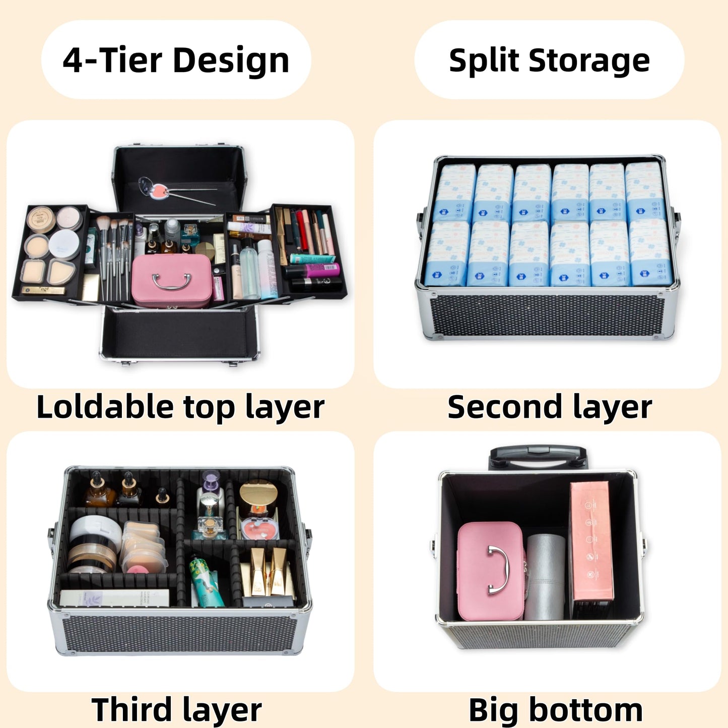 Gdsshuhung - Estuche de maquillaje para tren rodante, organizador profesional de cosméticos con marco de aluminio, bandejas plegables y ruedas, portátil para viajes y estudio, Negro diamond, Estuche