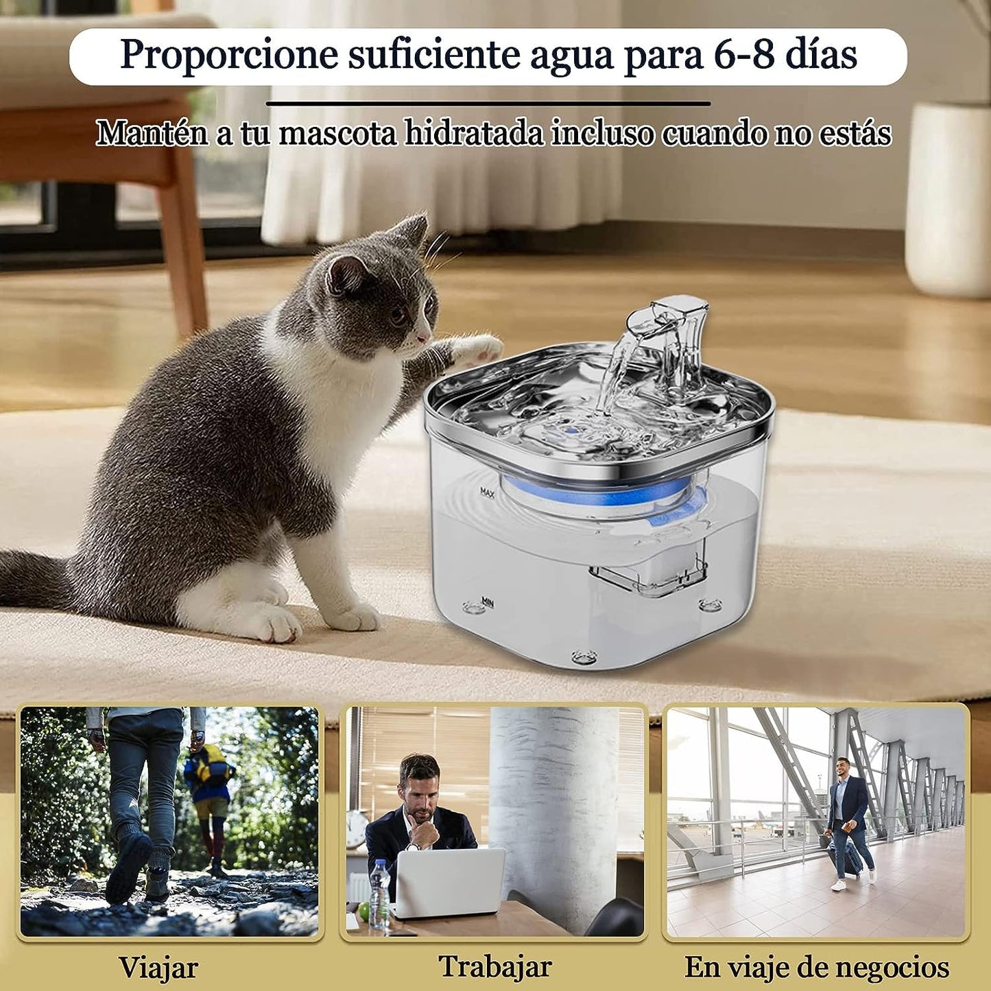 JIJO Bebedero para Gato, 304 Acero Inoxidable Fuente para Gato, 67oz/2 L, Ultrasilencioso y Sistema de Filtración de Agua Circulante de Fuente de Agua para Gatos, Dispensador de Agua para Perro