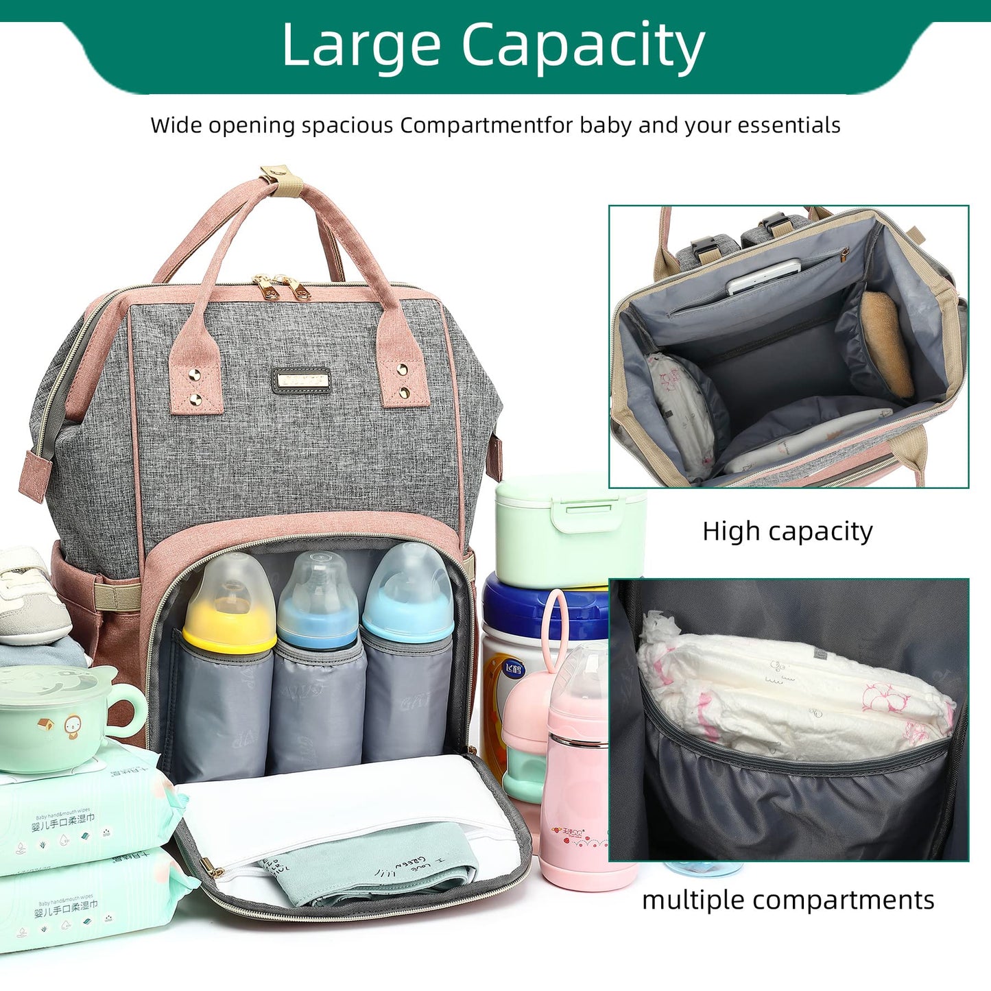 GAIVP - Mochila para pañales para bebés niñas y niños, bolsas de bebé para mamás y papás, bolsa cambiadora de pañales con bolsillos aislados, mochila impermeable multifuncional con correas de carriola