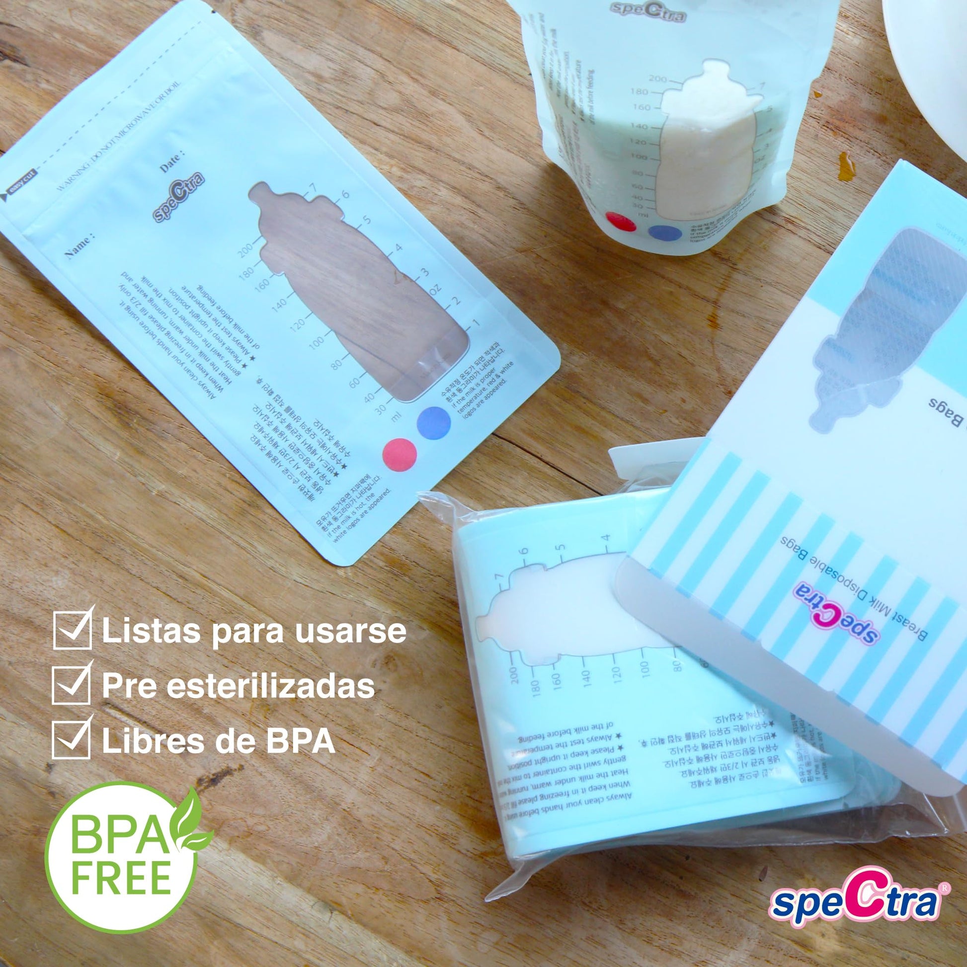 Set de Botellas y Bolsas de Almacenamiento de Leche Materna Spectra | Transparente | Cuello Ancho con Tapa y Sensor de Temperatura
