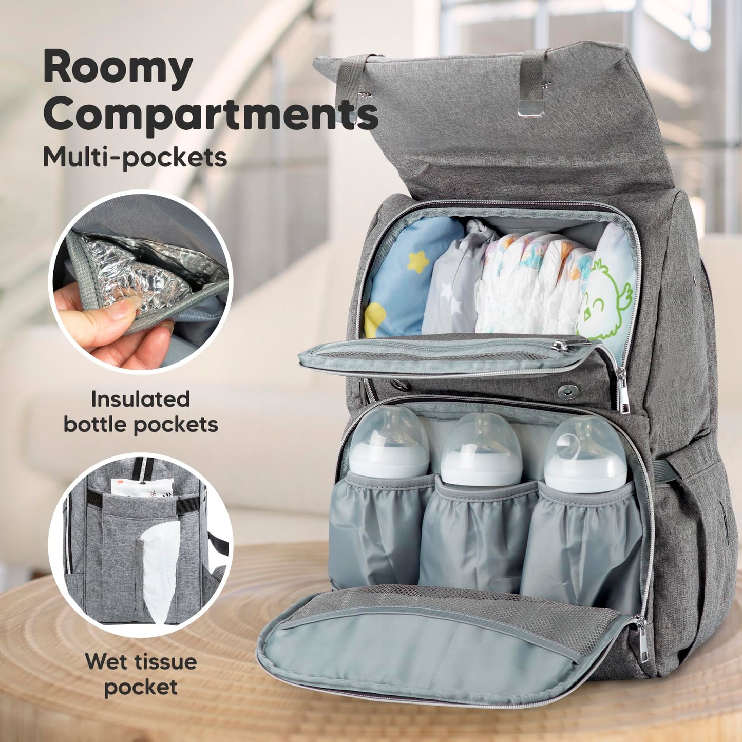 Mochila para paquete de pañale - Bolsos de viaje para bebés, impermeables y multifuncionales - Bolsos grandes para pañales - Durables y elegantes - Incluye colchoneta cambiadora (Classic Gray)