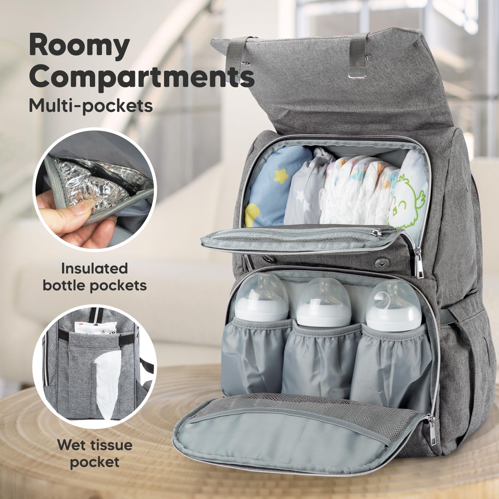 Mochila para paquete de pañale - Bolsos de viaje para bebés, impermeables y multifuncionales - Bolsos grandes para pañales - Durables y elegantes - Incluye colchoneta cambiadora (Classic Gray)