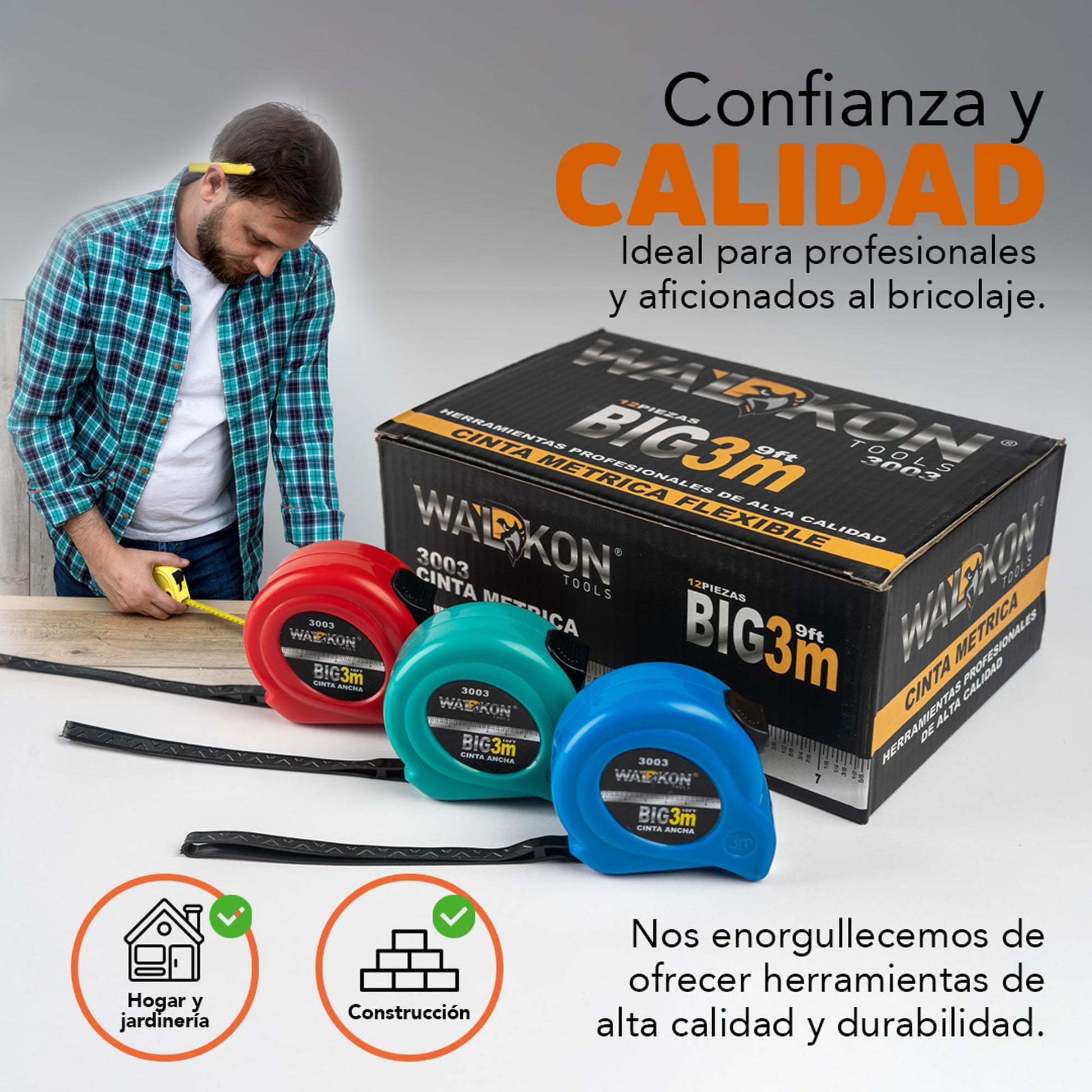 Cinta Metrica - Flexometro 3 M | Cinta Ancha de 19mm (3/4") | Herramientas Ergonómicas | Escala en Centímetros, Pulgadas y Fracciones | Verde | Cinta Blanca para Mayor Visibilidad | WALKON