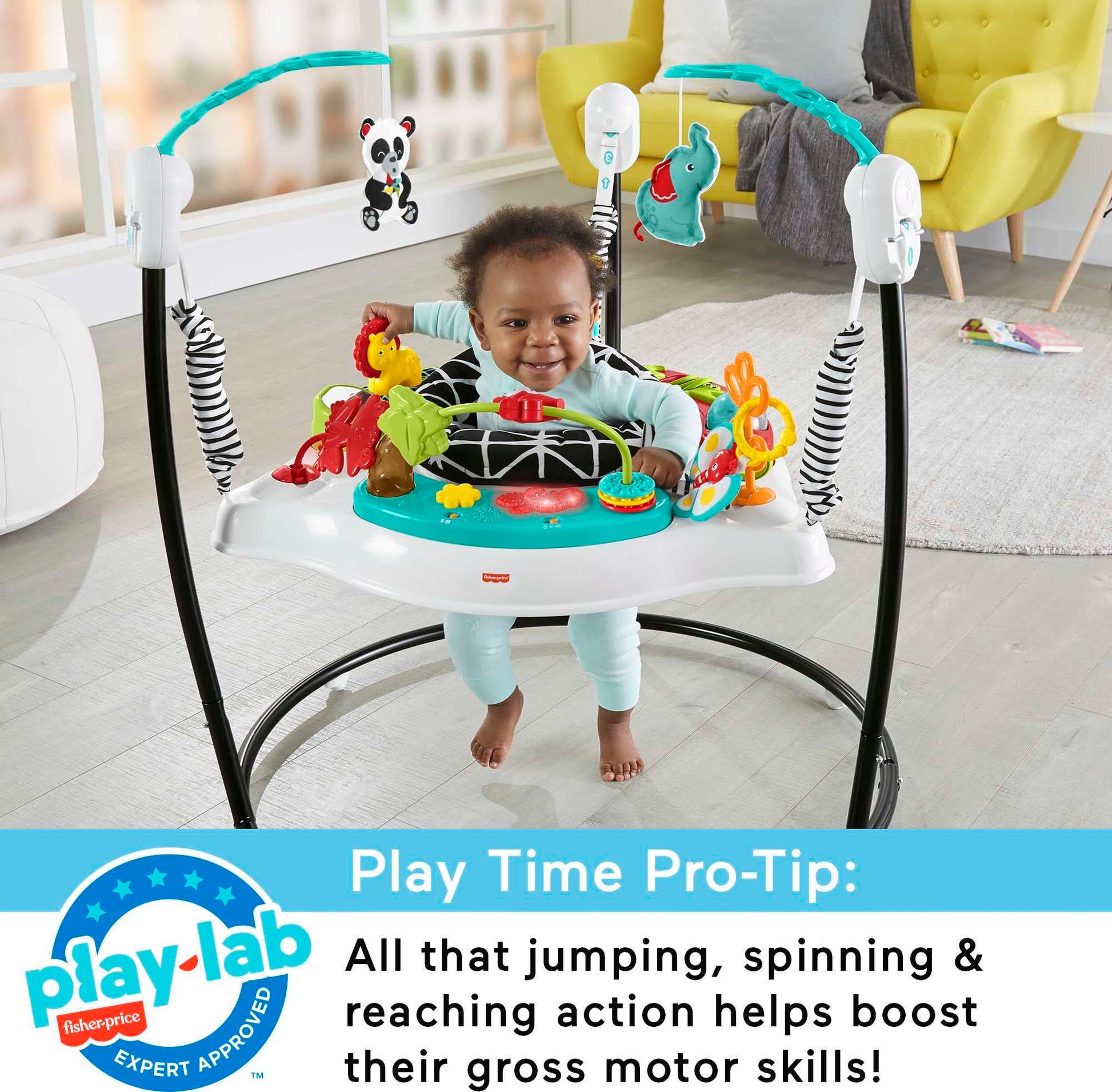 Fisher-Price Baby Bouncer - Centro de actividades musicales de pétalos rosados con luces y juguetes de desarrollo