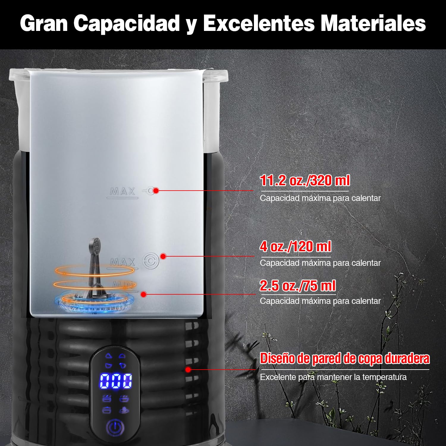 Espumador de Leche Eléctrico 4 en 1 Negro para Café, Latte y Capuchino