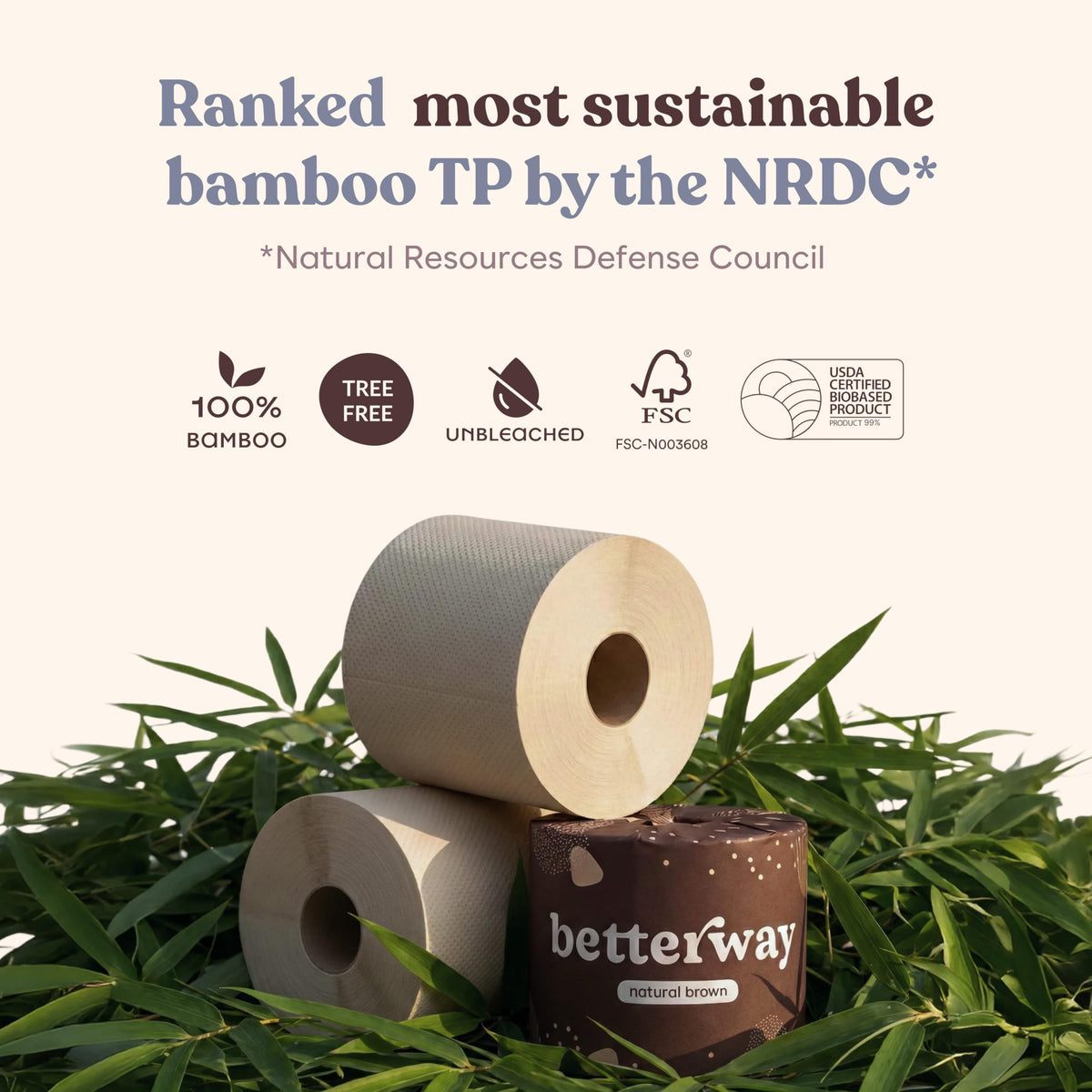 Papel Higiénico Betterway Bambú sin Blanquear Ecológico de 3 Capas 36 Rollos de Larga Duración