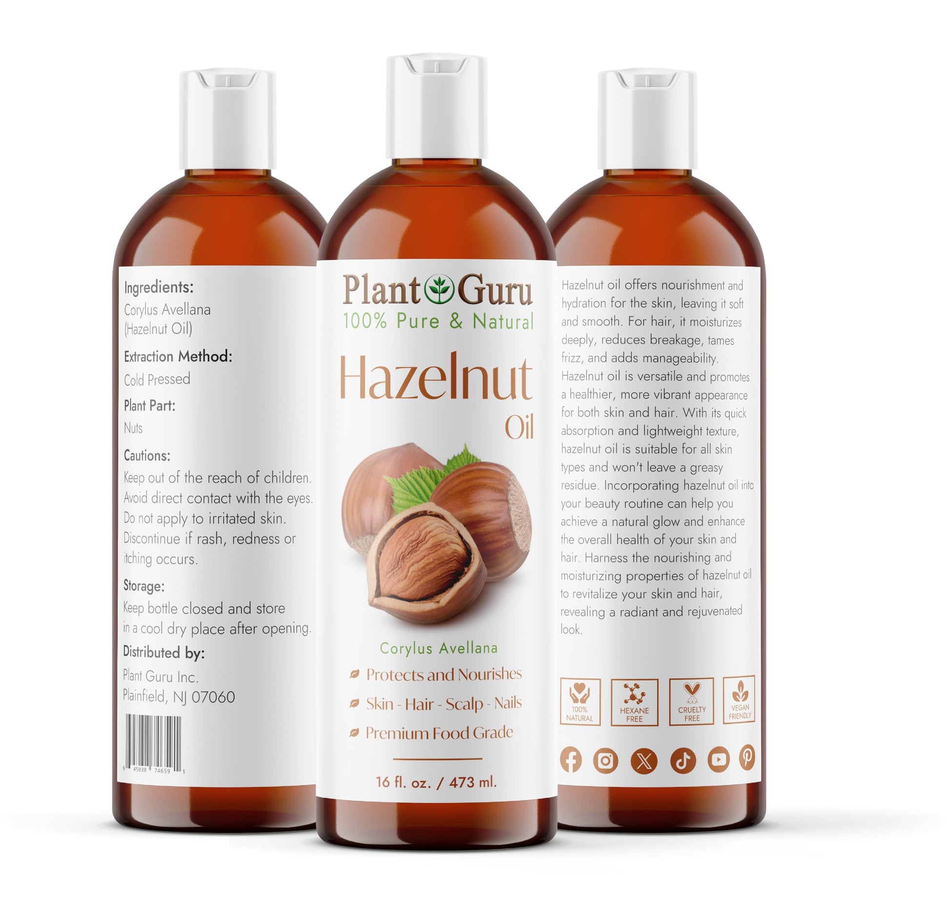Hazelnut Oil 16 oz. Cold Pressed 100% Pure Natural Carrier - Skin, Body And Face. Great For Moisturizing & More!
