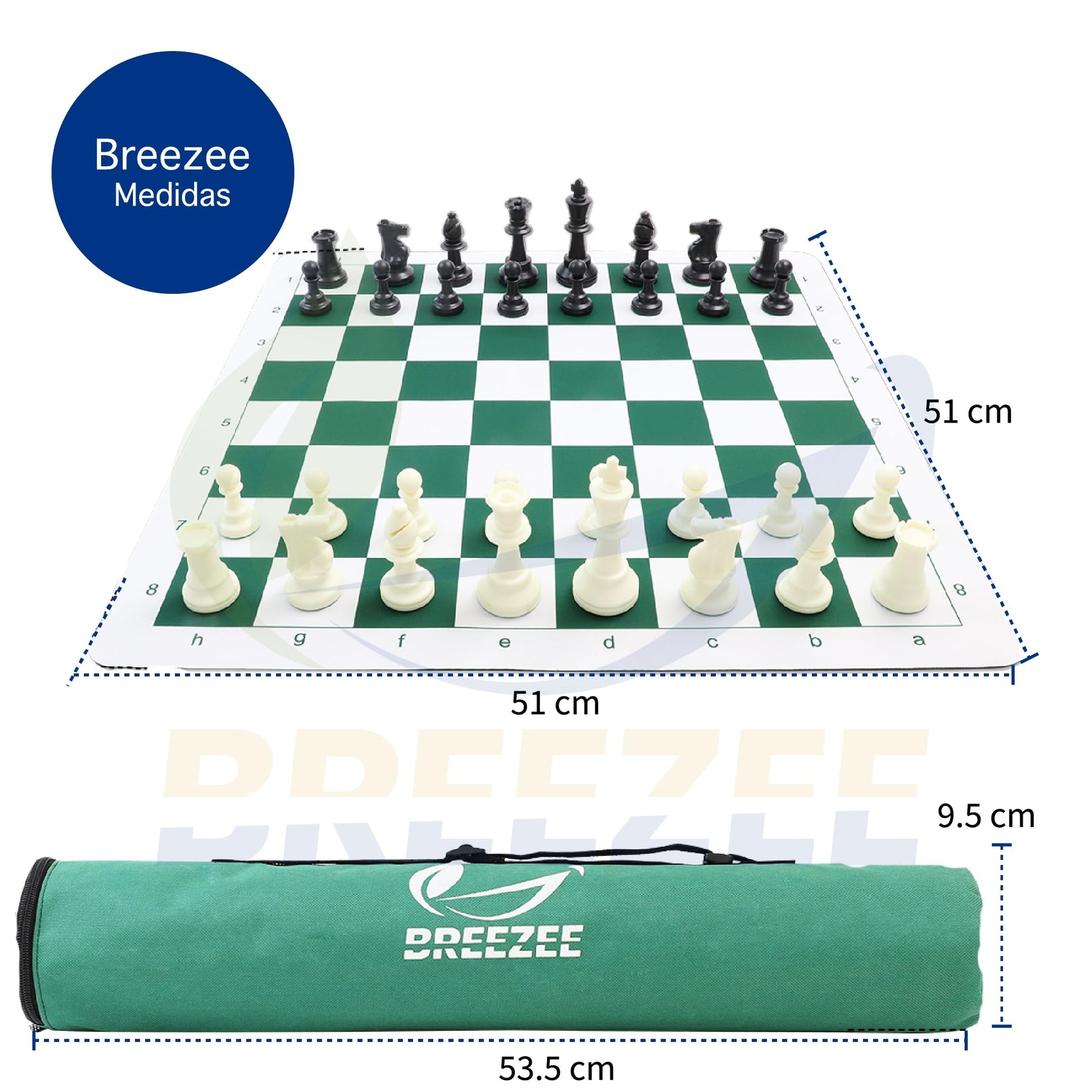 BREEZEE Juego de Ajedrez Profesional, Portátil Enrollable, 51x51 cm Tipo Mousepad Espesor 2 mm, 2 Reinas Extra y Bolsa de Viaje, Ajedrez Profesional con Piezas Pesadas para Torneo, Juegos de Mesa