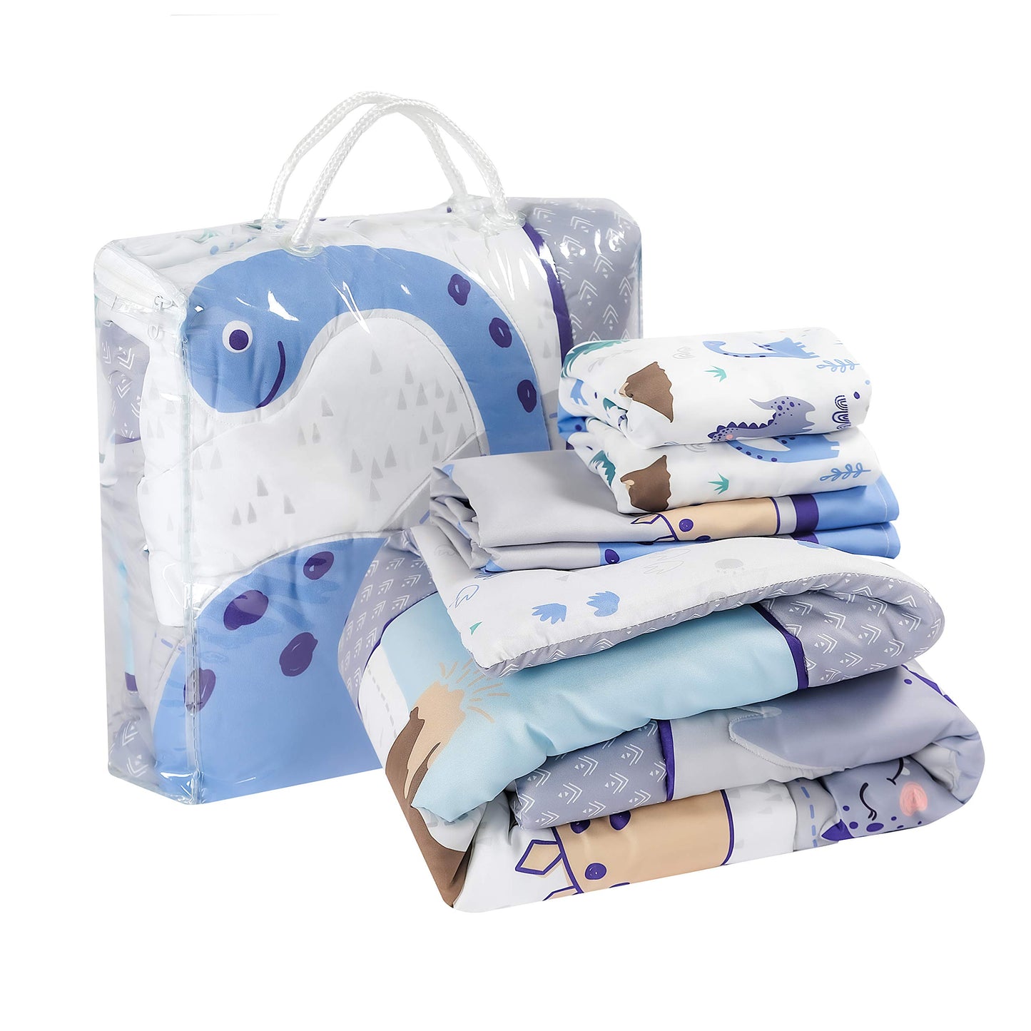 La Premura - Juego de cama para cuna de bebé para niños, juego de edredón de 3 piezas de tamaño estándar de dinosaurio, gris/azul, ropa de cama unisex para guardería y decoración neutra