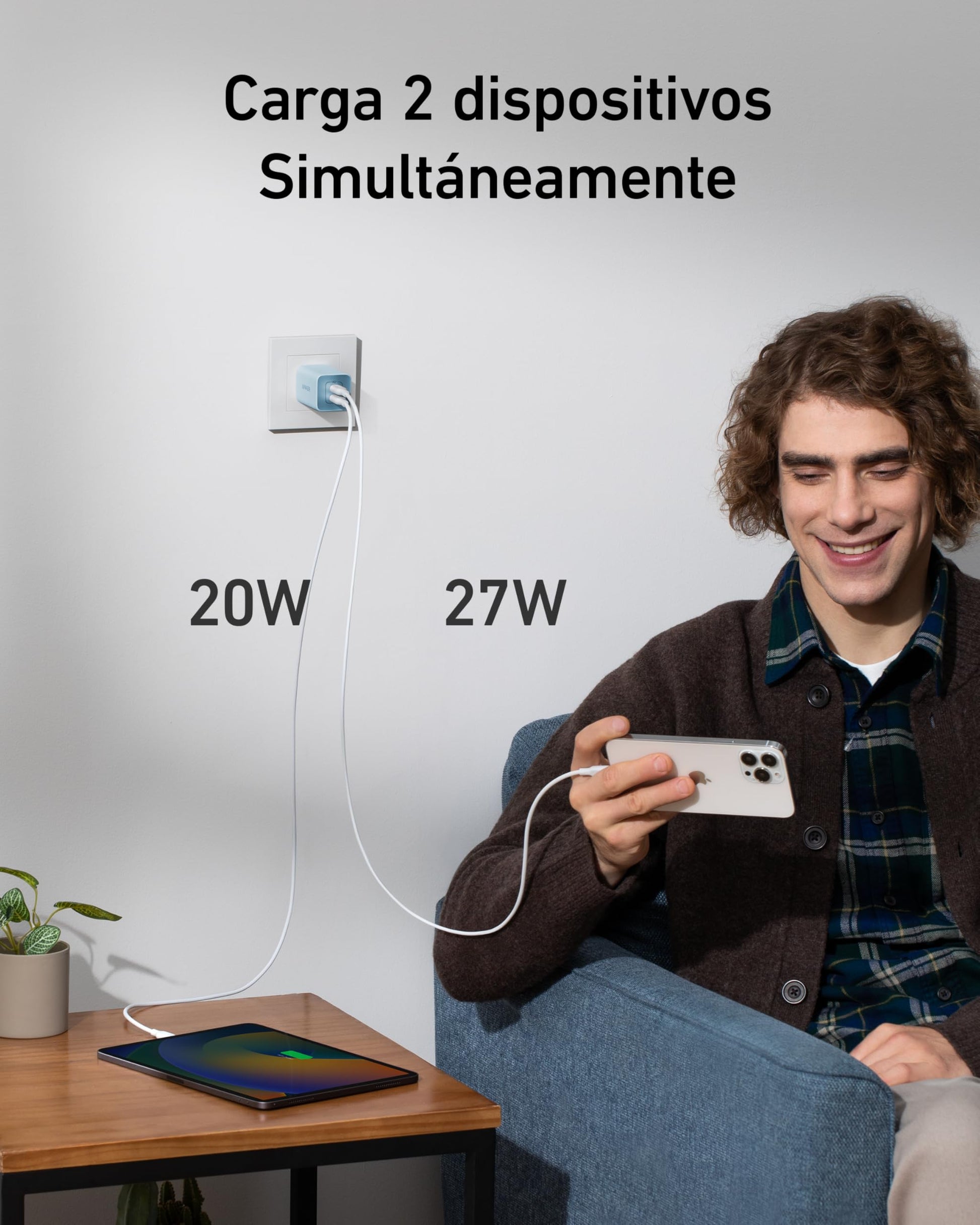 Anker Cargador USB-C 47 W, Cargador 523 (Nano 3), Cargador rápido GAN Compacto de 2 Puertos para iPhone 14/14 Plus/14 Pro/14 Pro Max/13, Galaxy, Pixel 4/3, iPad/iPad Mini (Cable no Incluido)
