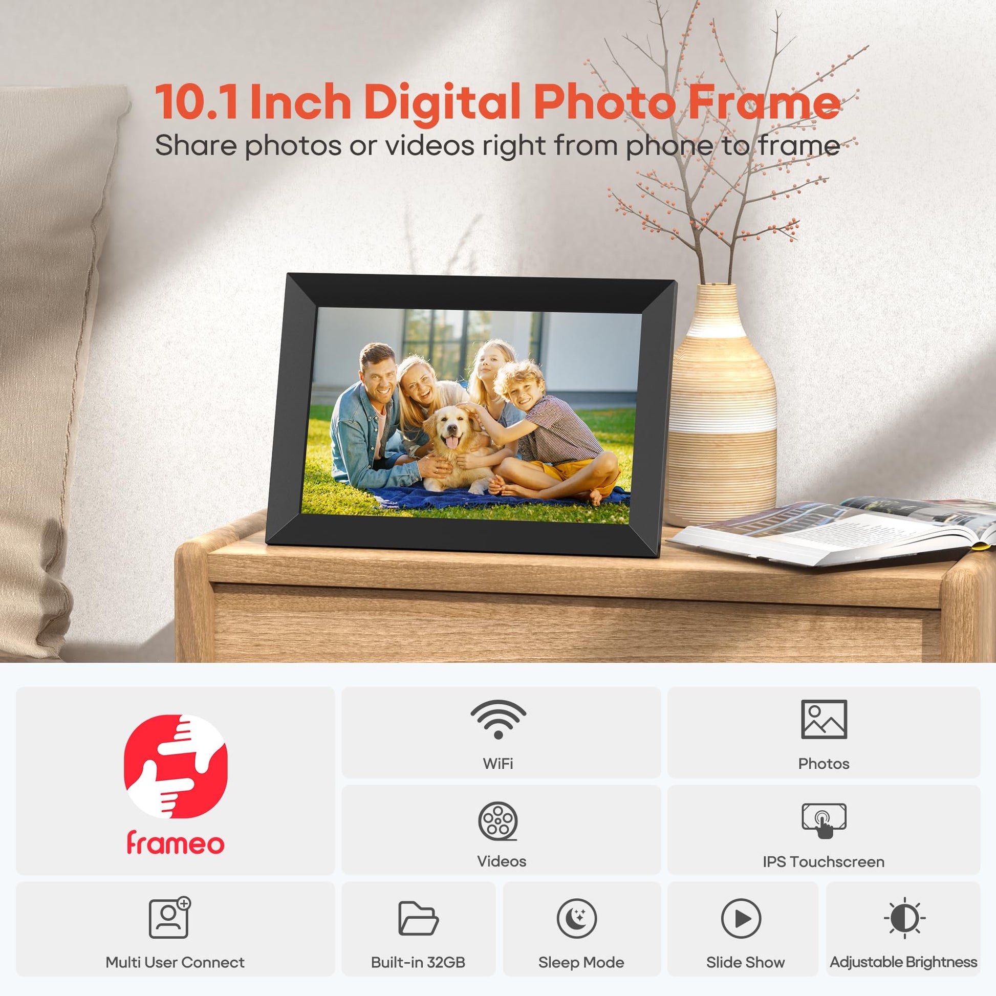 Frameo Marco de fotos digital WiFi de 10.1 pulgadas, marco de fotos digital HD IPS de 1280 x 800 pulgadas, visualización táctil electrónica, 32 GB de memoria, rotación automática, montaje en pared