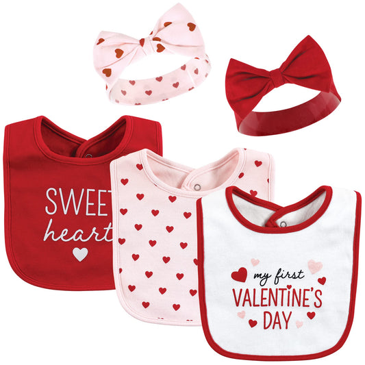 Hudson Baby Conjunto de babero y diadema o gorras unisex de algodón para bebé, corazón de San Valentín, talla única
