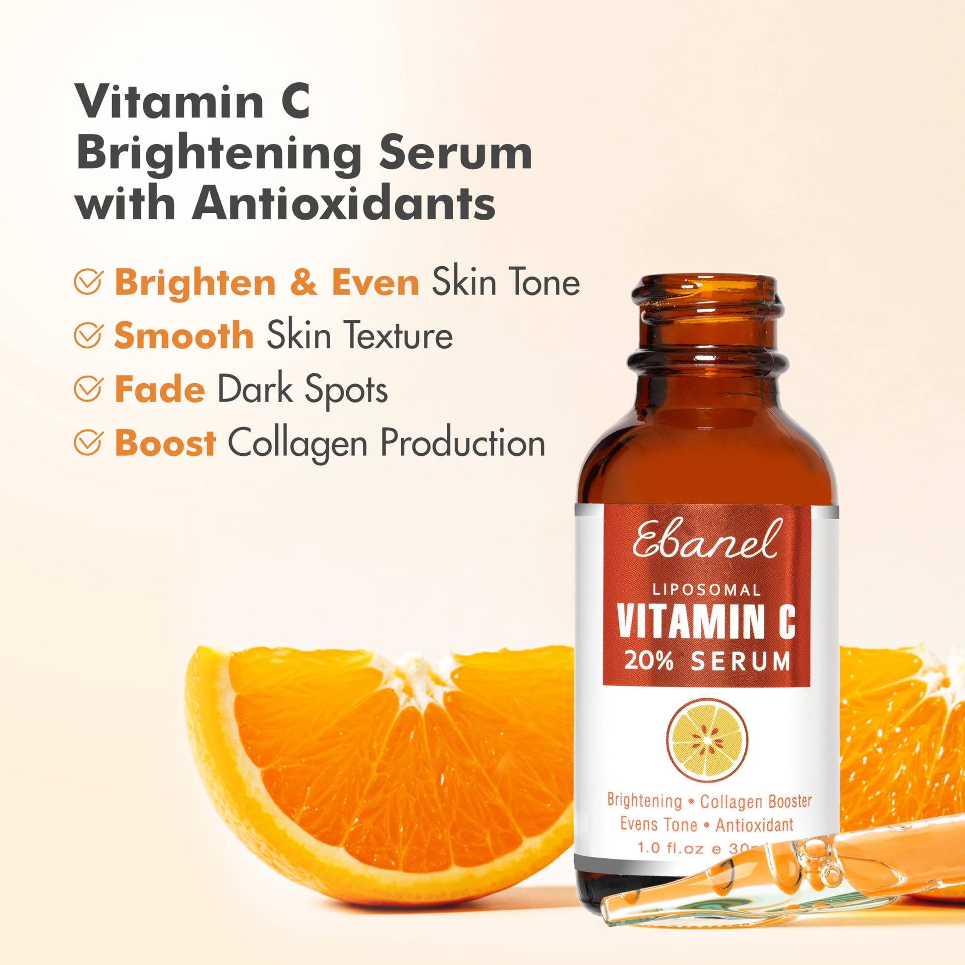 Ebanel 20% Vitamin C Face Serum with Hyaluronic Acid,1oz Max Strength Anti-Aging Anti-Wrinkle Ascorbic Acid Facial Serum Antioxidant with Collagen for Dark Spot,Fine Line,Skin Brightening and Firming