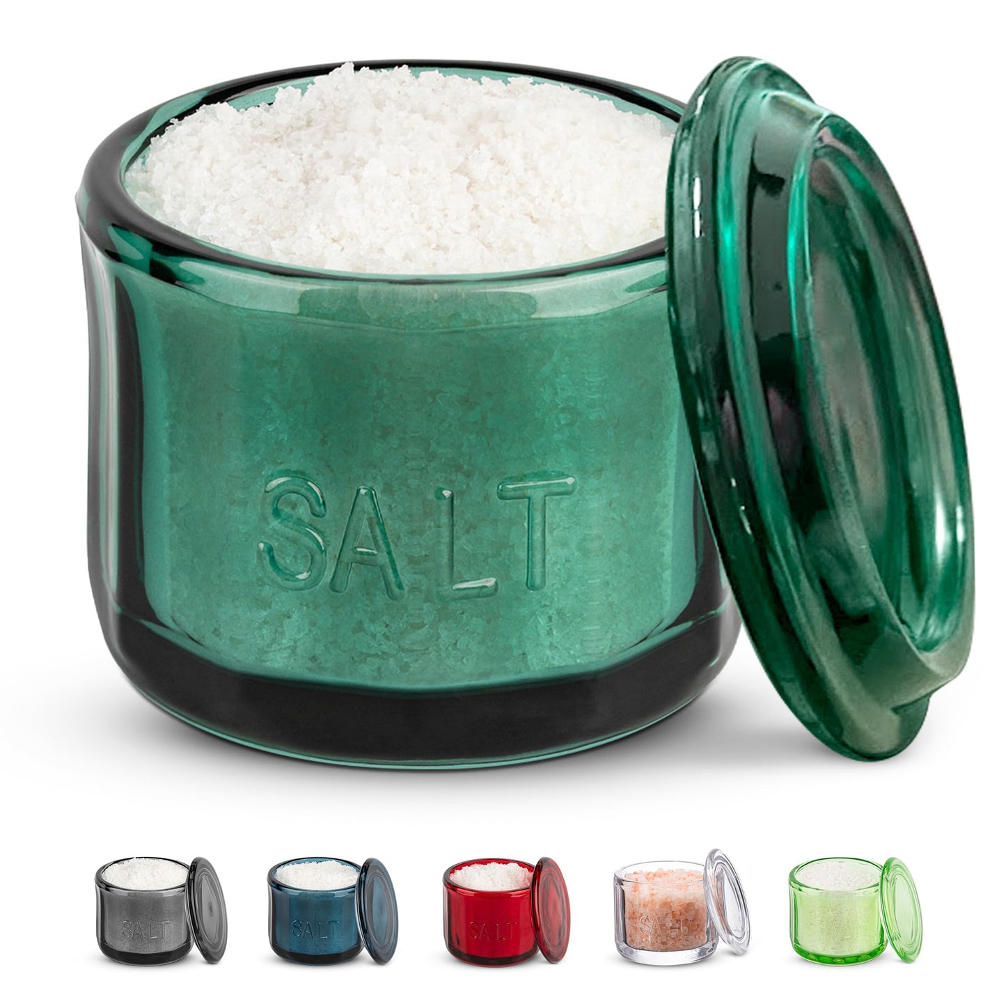 KooK Salero de vidrio con tapa, vidrio prensado en relieve, recipiente de almacenamiento transparente, para café, azúcar, especias y dulces, 296 ml (color verde esmeralda)