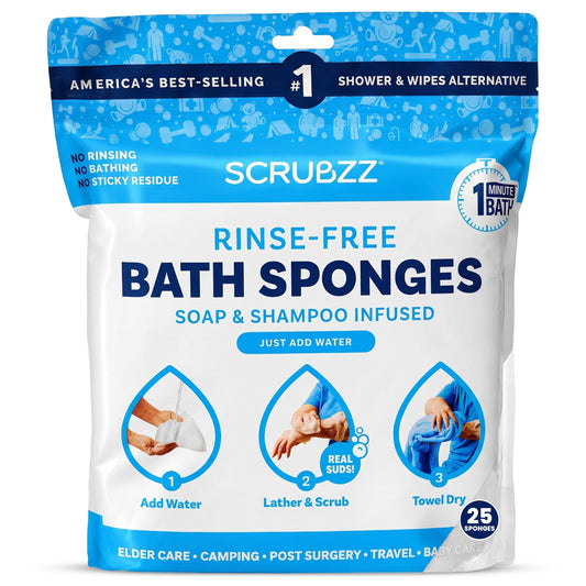 Scrubzz Toallitas de baño desechables sin enjuague, paquete de 25 – Toallitas de ducha todo en 1 de un solo uso, simplemente humedece, espuma y seca sin champú o enjuagar