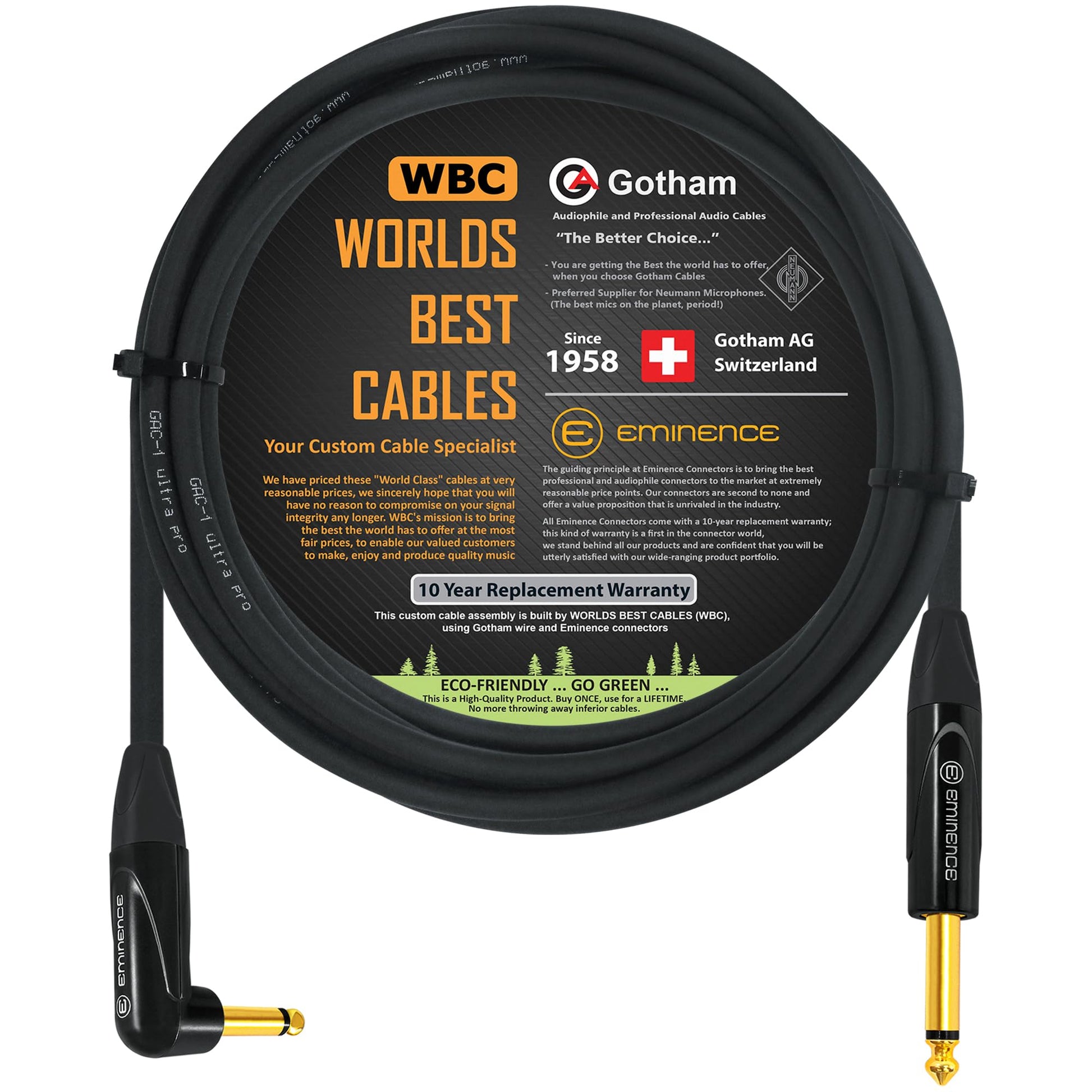 Cable de Instrumento WORLDS BEST CABLES 10 Pies Gotham GAC-1 Baja Capacitancia Conectores Chapados en Oro 1/4 Pulgadas Recto a Ángulo
