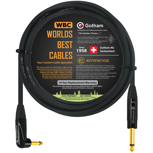 Cable de Instrumento WORLDS BEST CABLES 10 Pies Gotham GAC-1 Baja Capacitancia Conectores Chapados en Oro 1/4 Pulgadas Recto a Ángulo